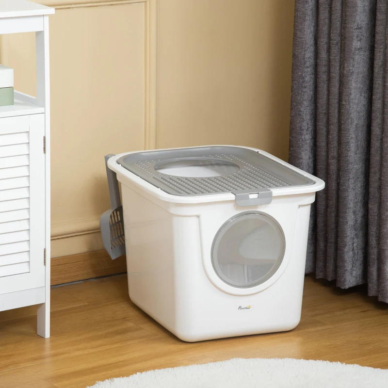 Covered Cat Litter Box, Easy Cleaning Kitty Litter Box With Front Entrance, Top Exit, Scoop, For Odor Control, White — image 10