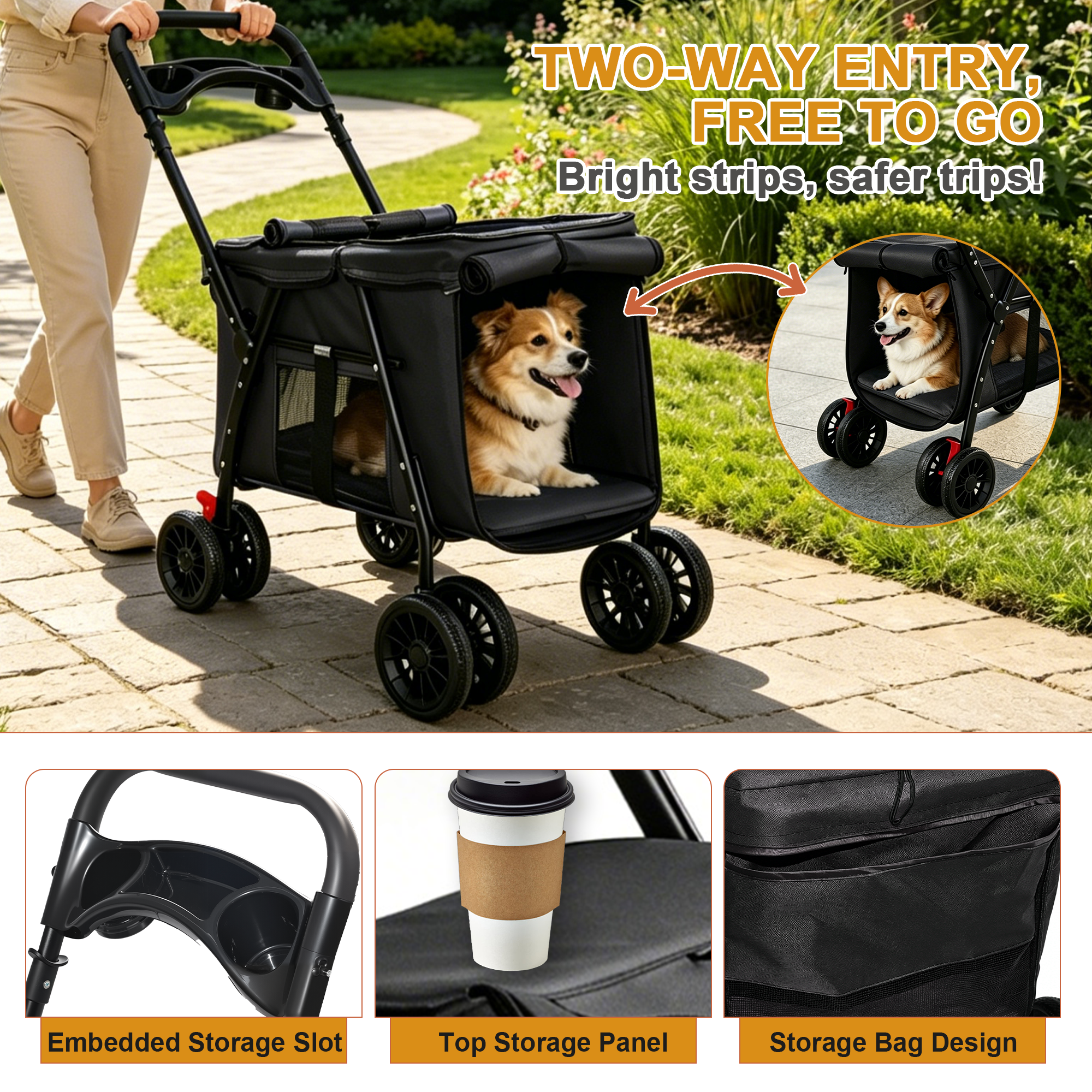 Carril de Mascotas Plegable 4-Ruedas, Malla Respirable para Perros y Gatos con Ruedas de Choque, Sistema de Freno, Plataforma de Almacenamiento, 2 Correas de Seguridad Fijas, Espacio Amplio para Pequeños a Medianos Animales, Negro — imagen 16