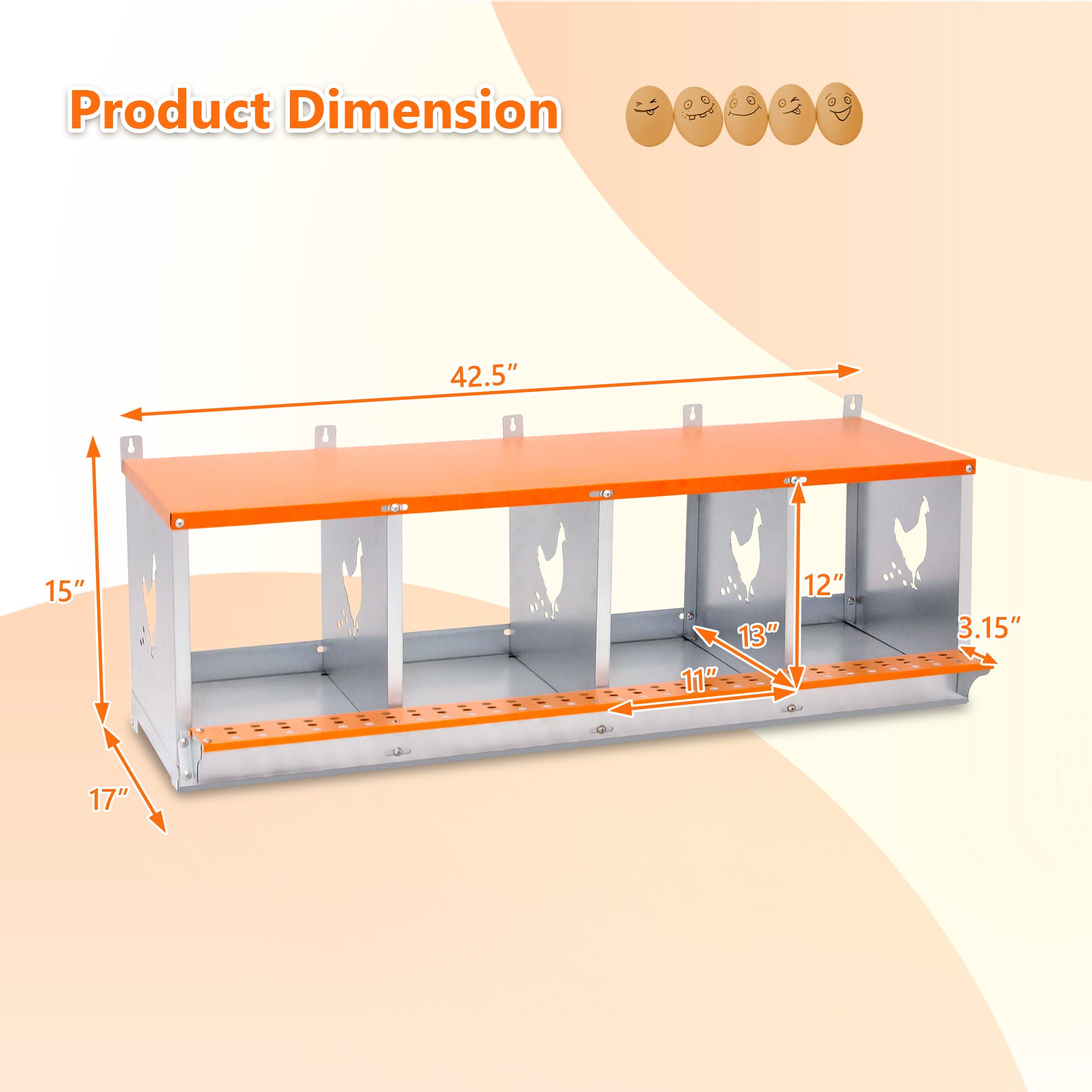4-Bay Metal Nest Box-Wall Mount For Hens Ducks, Easy Egg Assembly, Vented Galvanized Steel Coop Equipment Orange — imagen 5