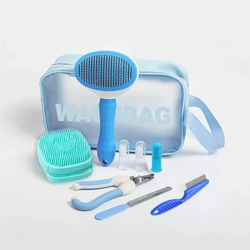 9 Pieces/pet Grooming Kit Includes Hair Removal Brush, Flea Brush, Bath Brush, Nail Clipper and Toothbrush, Storage Bag — image 1