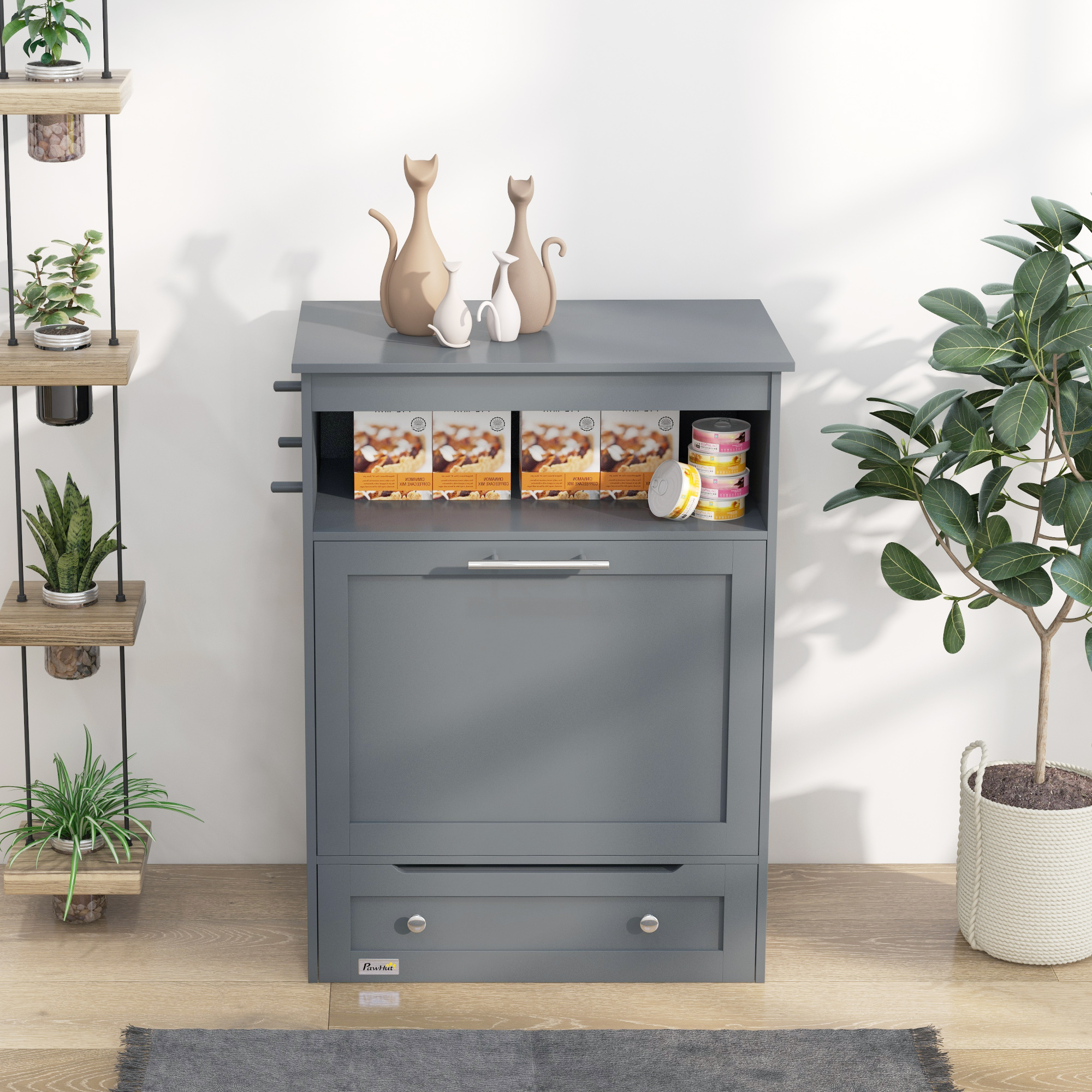 Pet Feeder Station Storage Cabinet, Dog Food Storage Container with Dog Raised Bowls, Watering Supplies, Gray — image 5