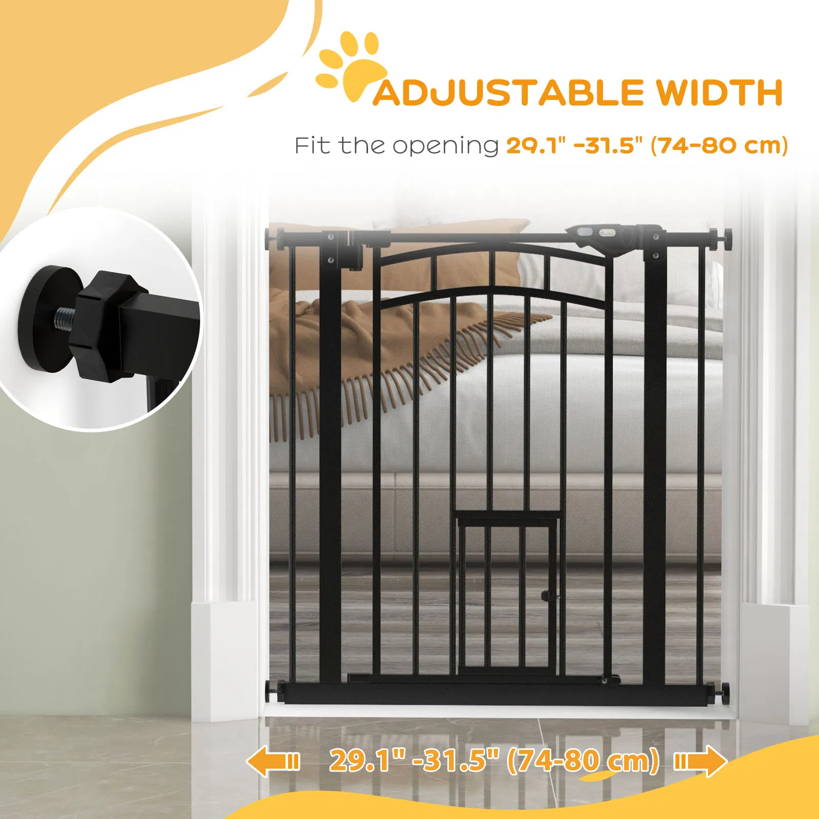 Auto-Close Pet Gate, Stair Gate with Cat Door, Double Locking for Doorways Hallways Stairs, Fits 29"-31.5" Wide, Black — image 6