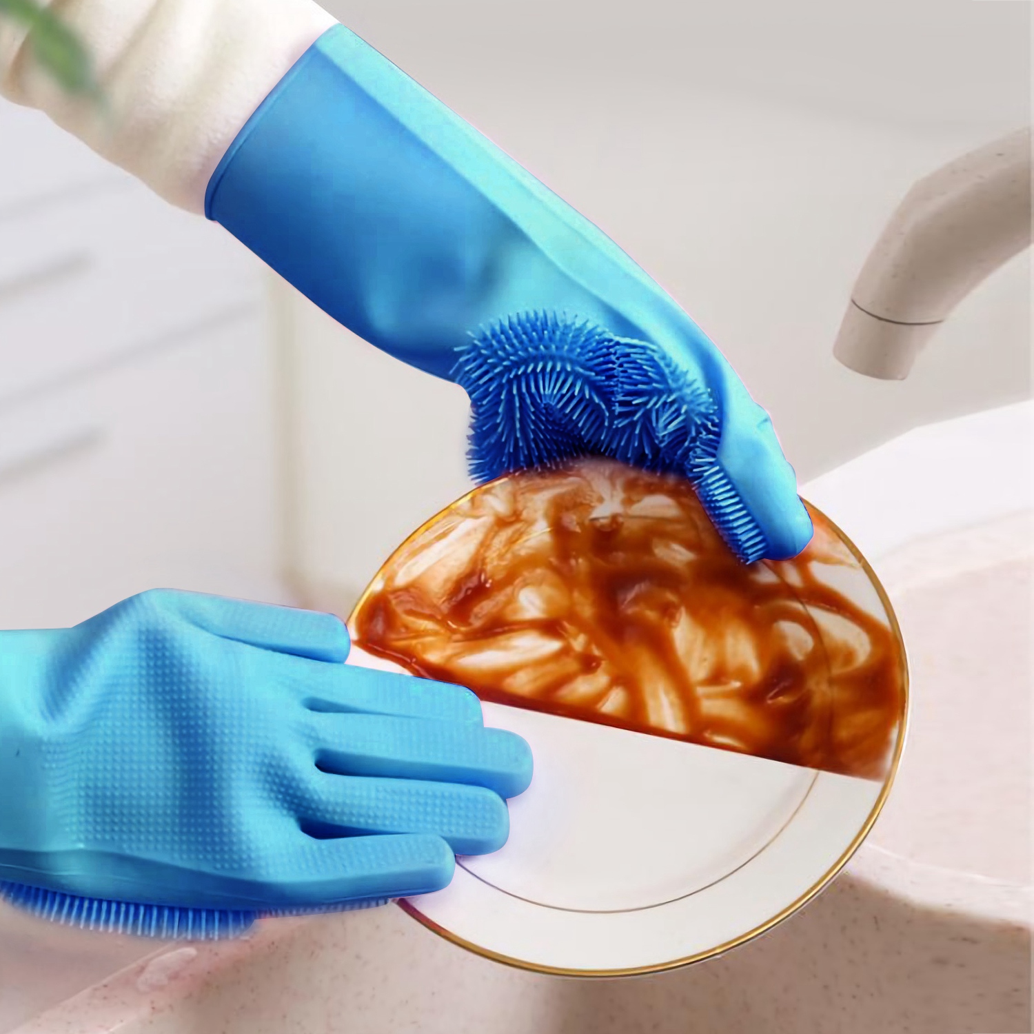 Par de Guantes de Silicona con Cerdas Para Lavar Platos, Esponja de Limpieza, Cepillo Para Mascotas, Guantes Resistentes al Calor — imagen 2