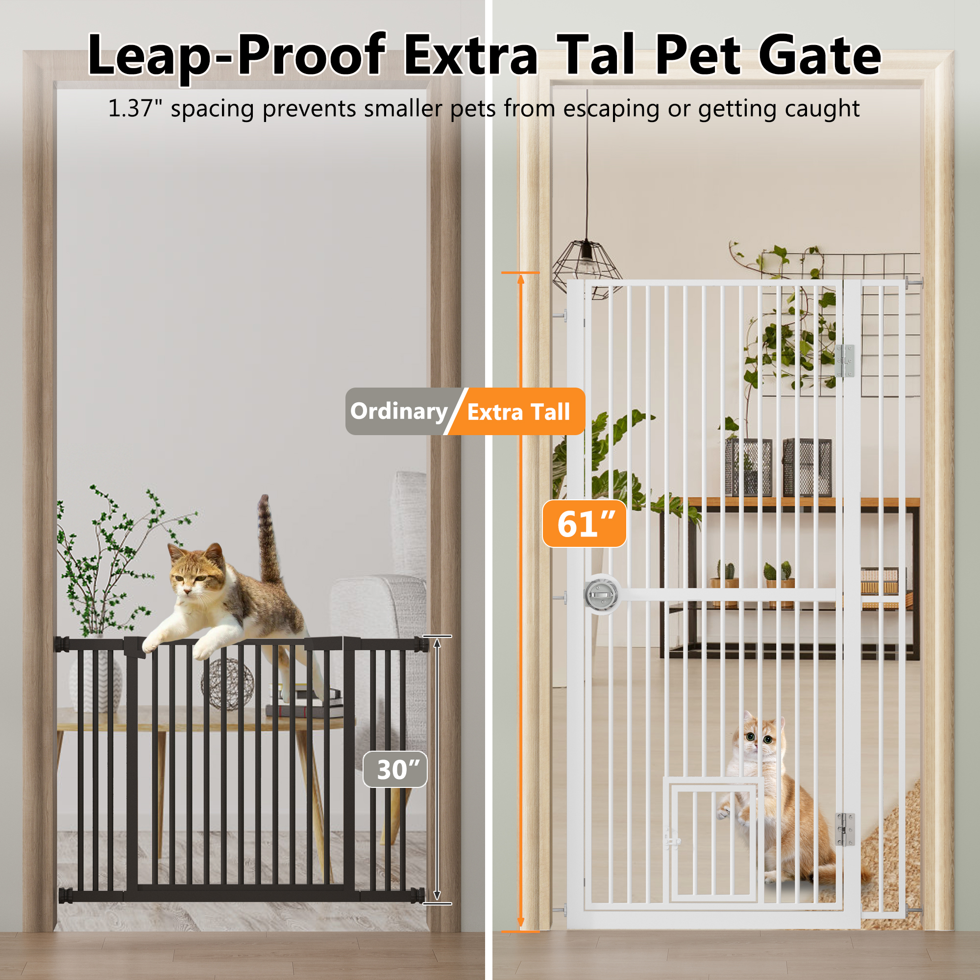 Puerta para Gatos Extra Alta de 61 Pulgadas para Pasillo, Ampliable desde 34.3'' hasta 36.7'' con Kit de Extensión de 4.13'', Ideal para Pasillos o Cocinas, Kit de Montaje sin Taladrar, Blanco — imagen 2