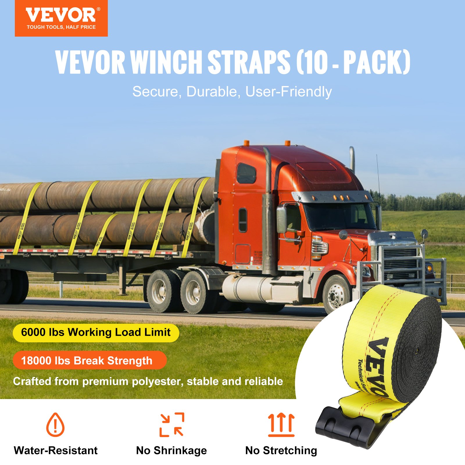 Winch Straps, 4' X 40', 6000 Lbs Load Capacity, 18000 Lbs Break Strength, Truck Straps With Flat Hook, Flatbed Tie Downs Cargo Control For Trailers, Farms, Rescues, Tree Saver, Yellow (10 Pack) — image 3