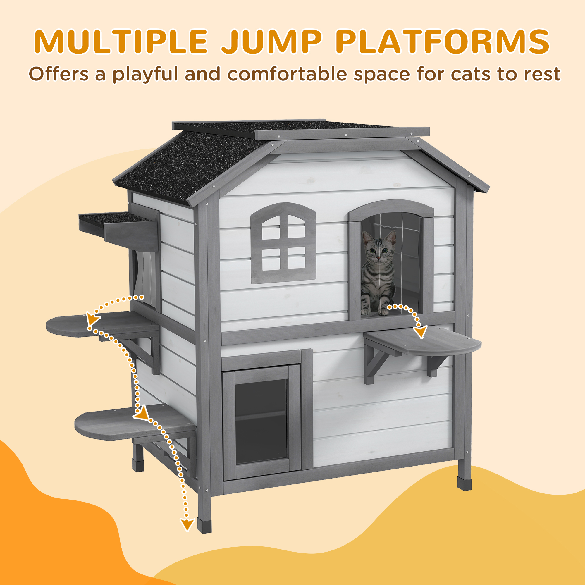 Wooden 2-Story Outdoor Cat House, Feral Cat Shelter Kitten Condo with Openable Asphalt Roof and 4 Platforms, White — image 3