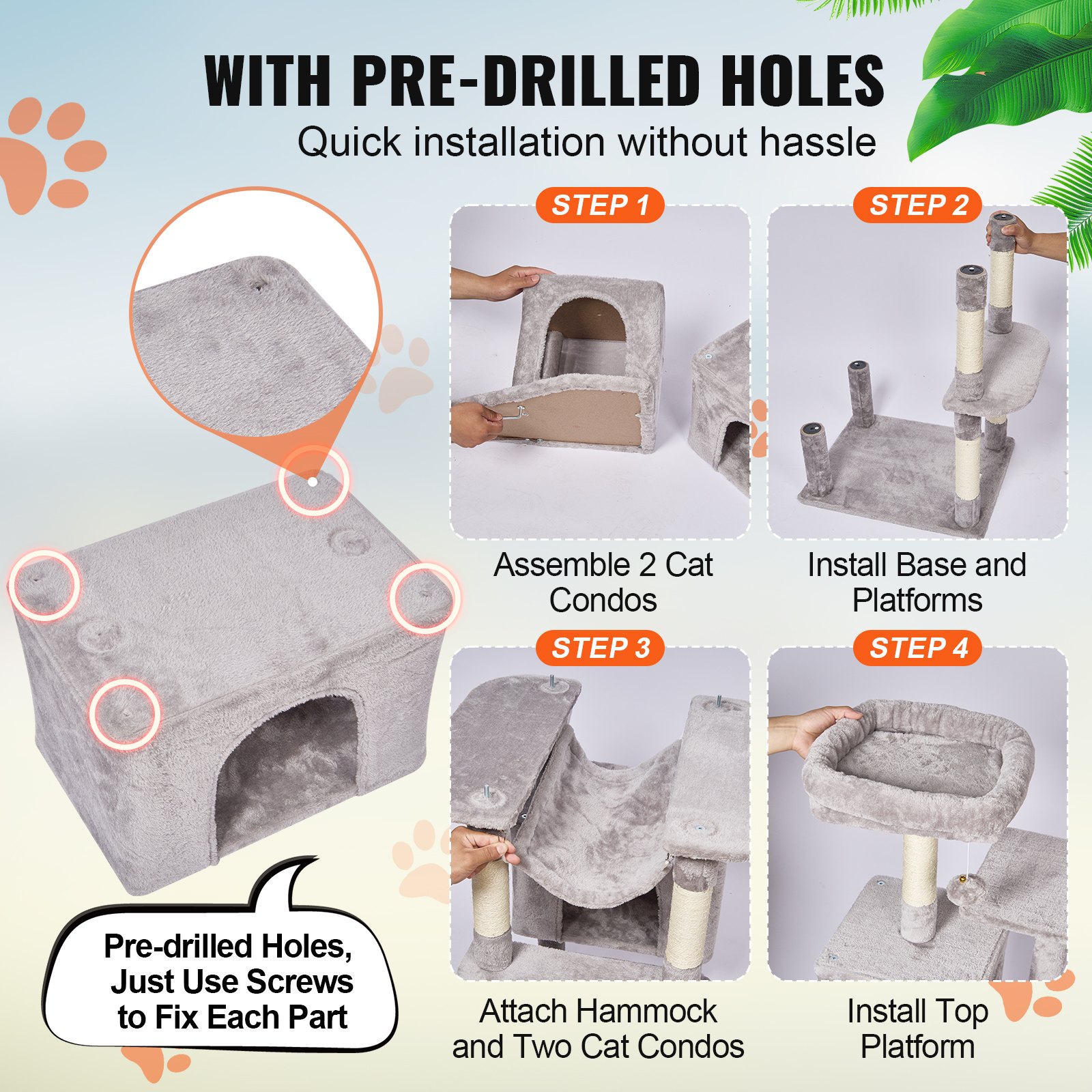 Árbol para Gatos de Interior, 72" Torre para Gatos con 2 Condos, Poste de Rastrillado Sisal, Hammock y Percha Superior, Plataformas Saltarinas, Centro de Actividad para Gatos Grande en Gris Claro — imagen 2