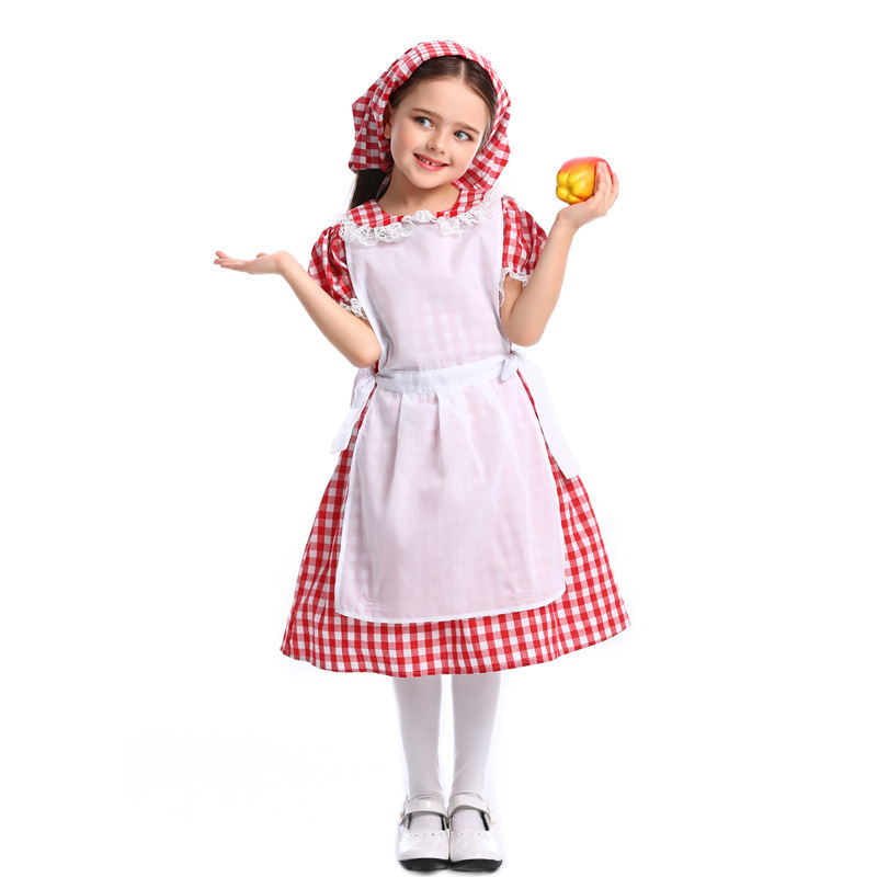 Children Red and White Checkered Cottage Maid Costume Apron and Headscarf Set Farm Theme Stage Performance Costume — image 7