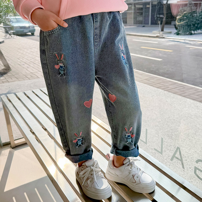 Cute Rabbit Heart Print Denim Pants for Girls — image 4