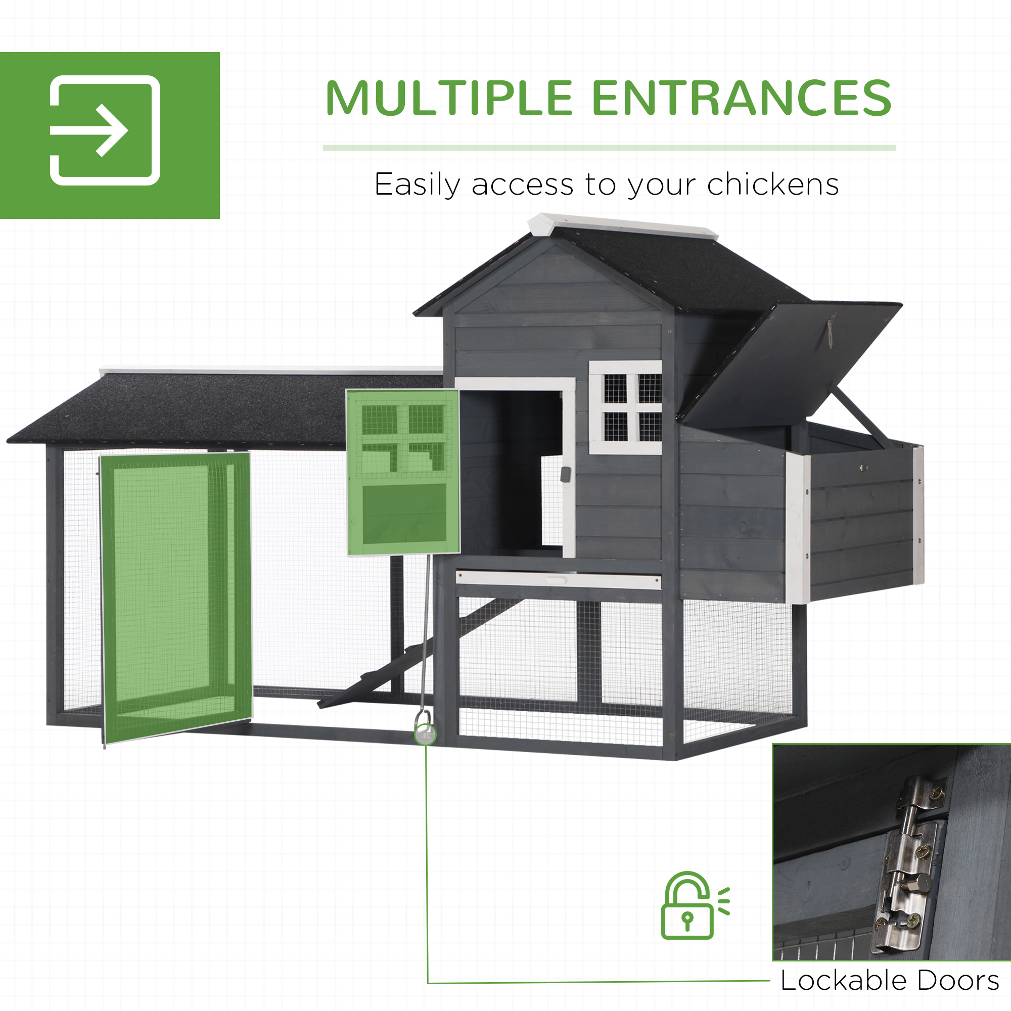 84" Wooden Chicken Coop, Hen House Outdoor with Run Nesting Box, Asphalt Roof, Removable Tray, Ramp, Poultry Cage for 2-3 Chickens, Gray — imagen 6