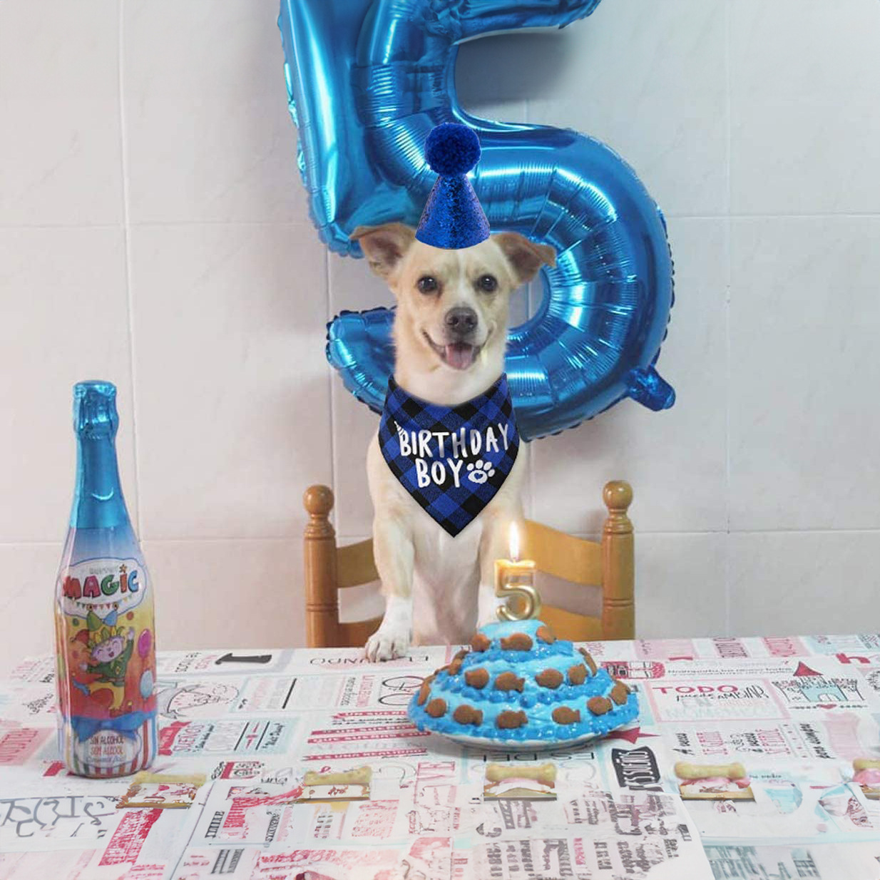 Conjunto de Cumpleaños para Mascotas - Traje de Triángulo con Pañuelo y Sombrero — imagen 4