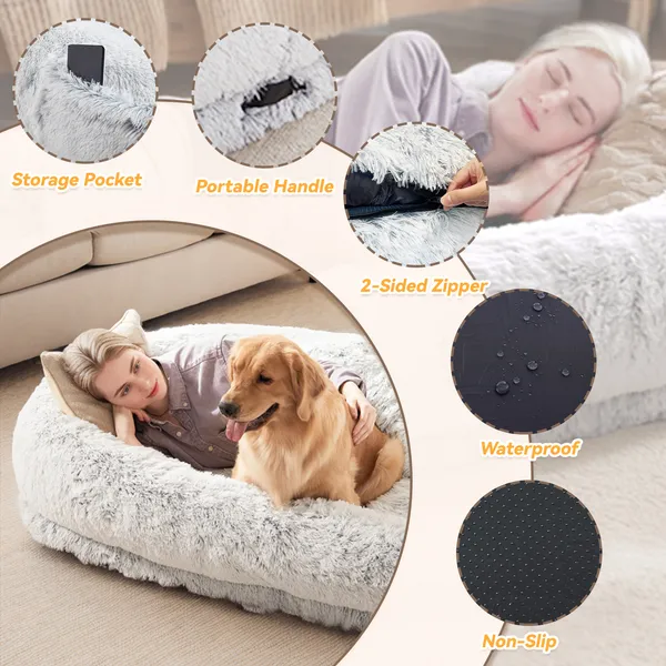 Cama para Perros y Personas Grande, Para Ti y Tu Mascota, Cama de Felpa Sintética Lavable para Dormir o Descansar, Soporte Óptimo para Canes, Almohada Pluma Presente, Manta, Correa — imagen 12