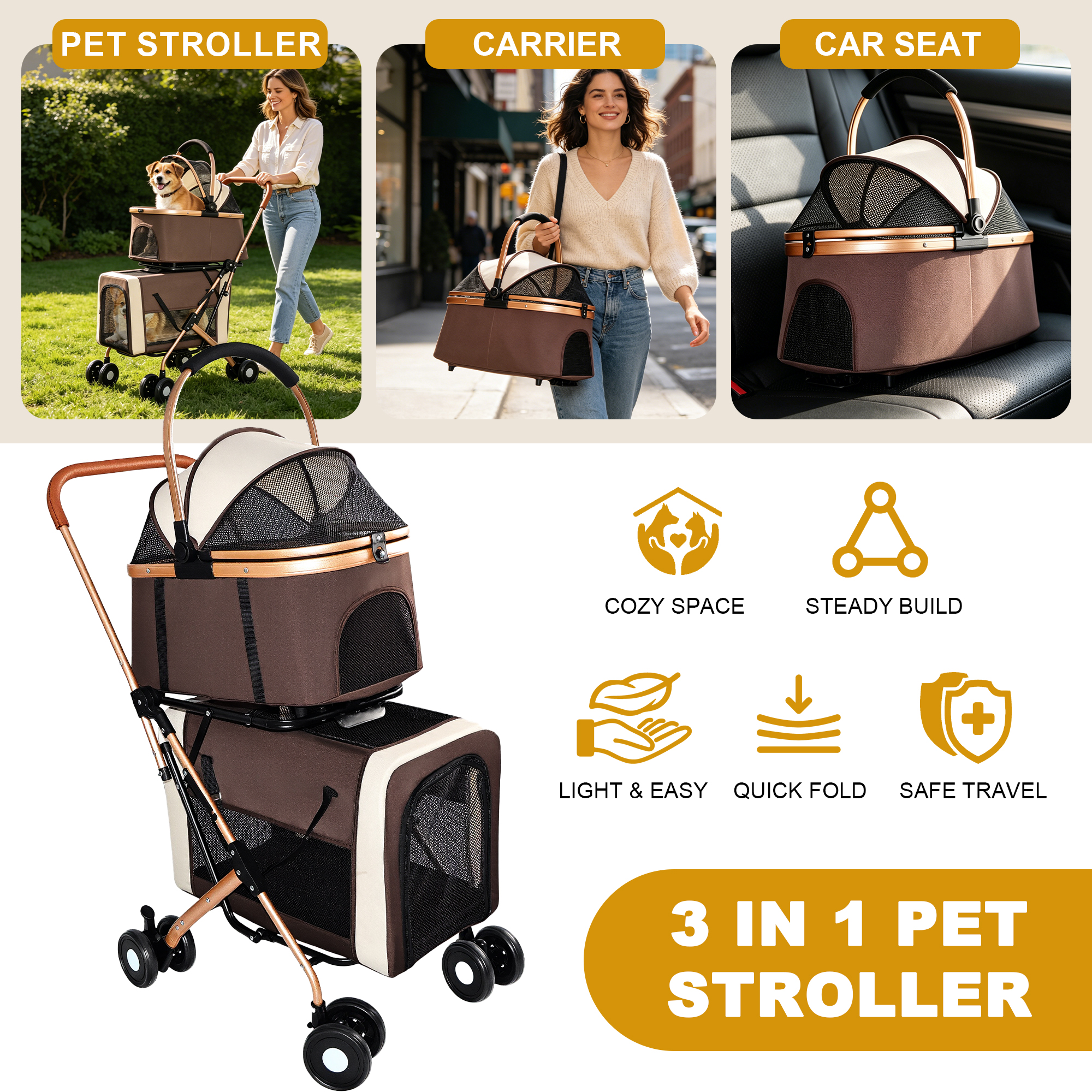 Cochecito Doble para Mascotas 3 en 1 para Perros y Gatos Pequeños y Medianos, Marco Plegable Convertible en Bolso Transportador, Ruedas Antichoque con Sistema de Freno, Doble Correa de Seguridad Fija para Hogares con Varias Mascotas — imagen 6