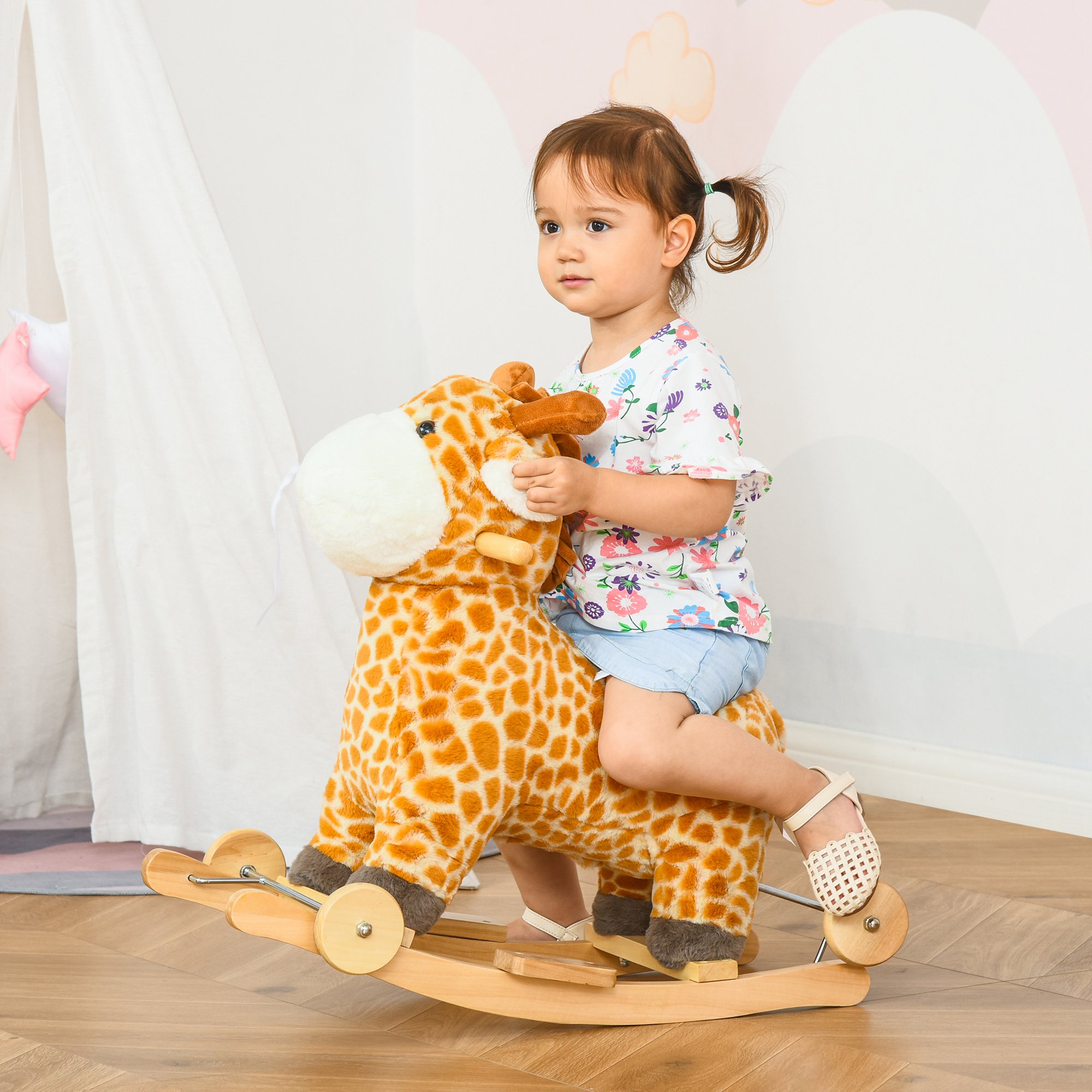Rocking Horse, 2 In 1 Kids Ride On Horse, Rolling Giraffe Animal Rocker With Sound, Wooden Base, Pedal, Grip Handle, Plush Riding Pony For 3-6 Years Old, Yellow — imagen 1