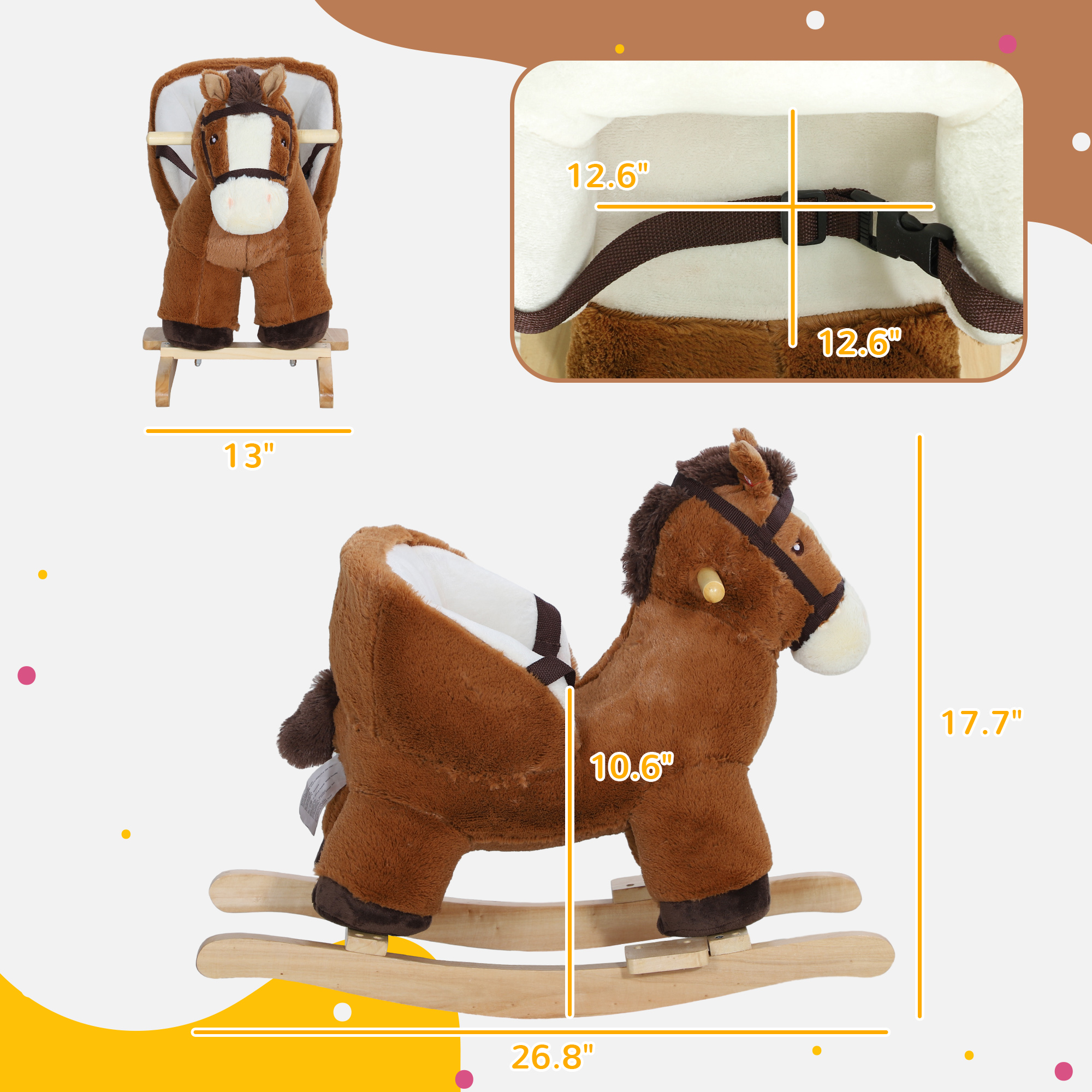 Baby Rocking Horse, Kids Ride-on with Sound, Wooden Base & Safety Belt for Ages 18-36 Months, Brown — image 6