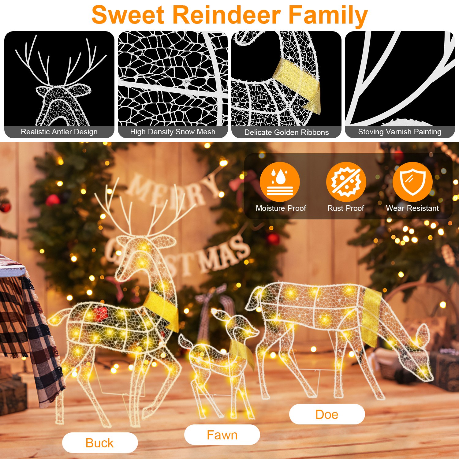 3 Sets de Familia de Renos Navideños Iluminados 2D, Luz Amarilla Cálida con 3 Modos de Iluminación, Macho, Hembra y Cría, Decoración Navideña para Interior y Exterior — imagen 1