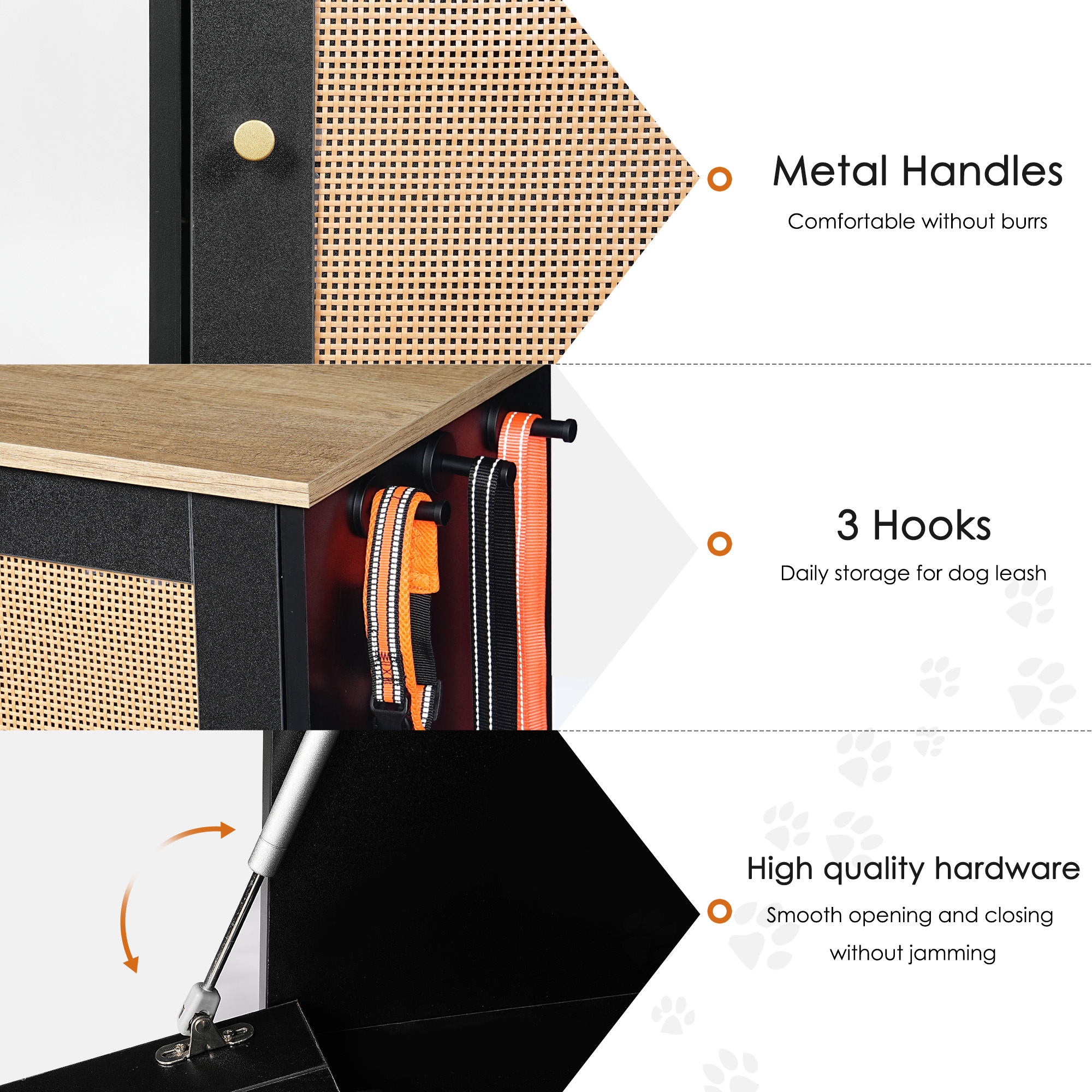 Feeding station with 2 lockers, pet feeding station with 2 elevated dog bowls, side hooks, anti-tipping kit, hidden pet feeding station for feeding and watering, rattan door, black — image 9