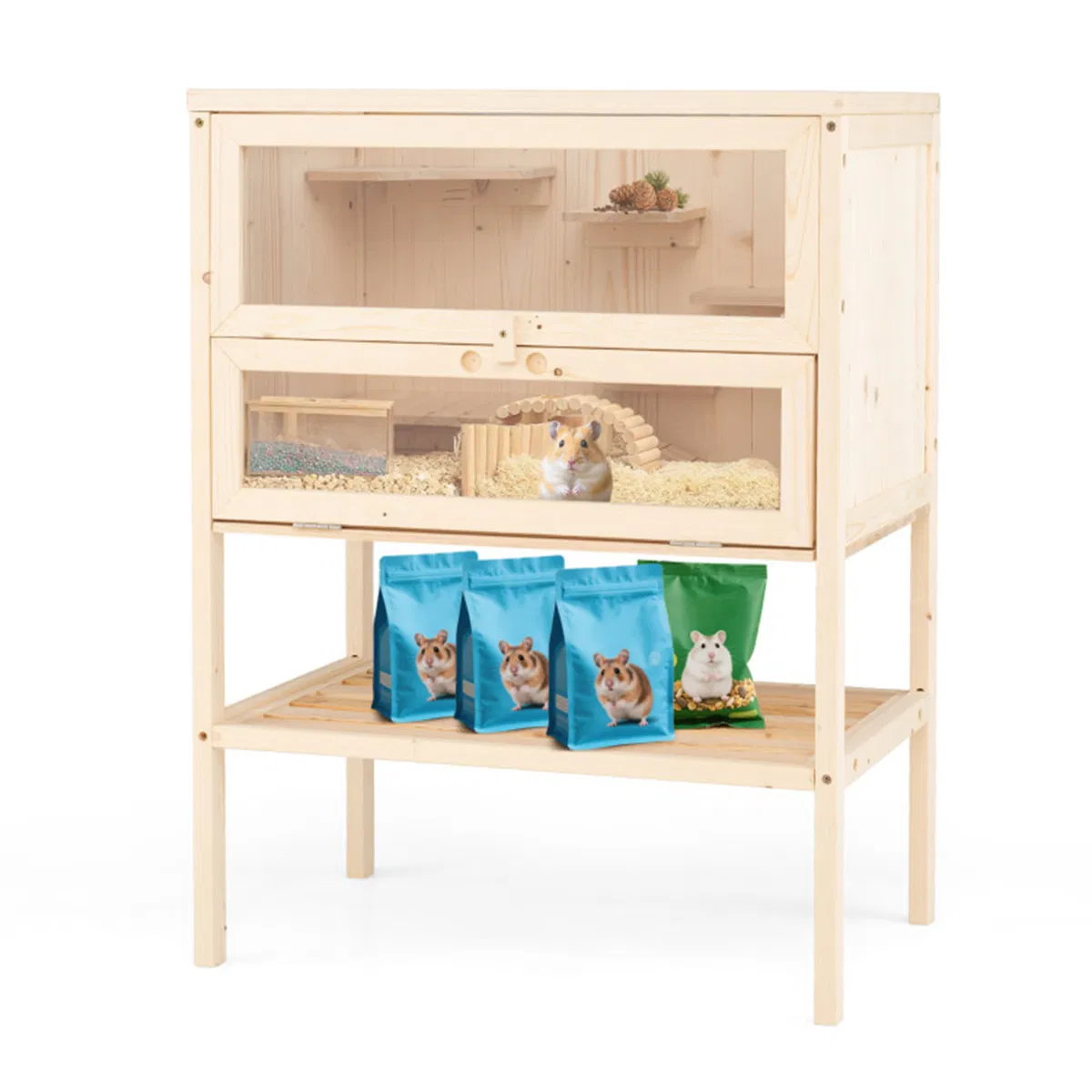 31.5 " Fir Wood Hamster Cage with Flip Mesh Roof, Multi-Level Activity Areas & Bottom Storage Shelf — image 1