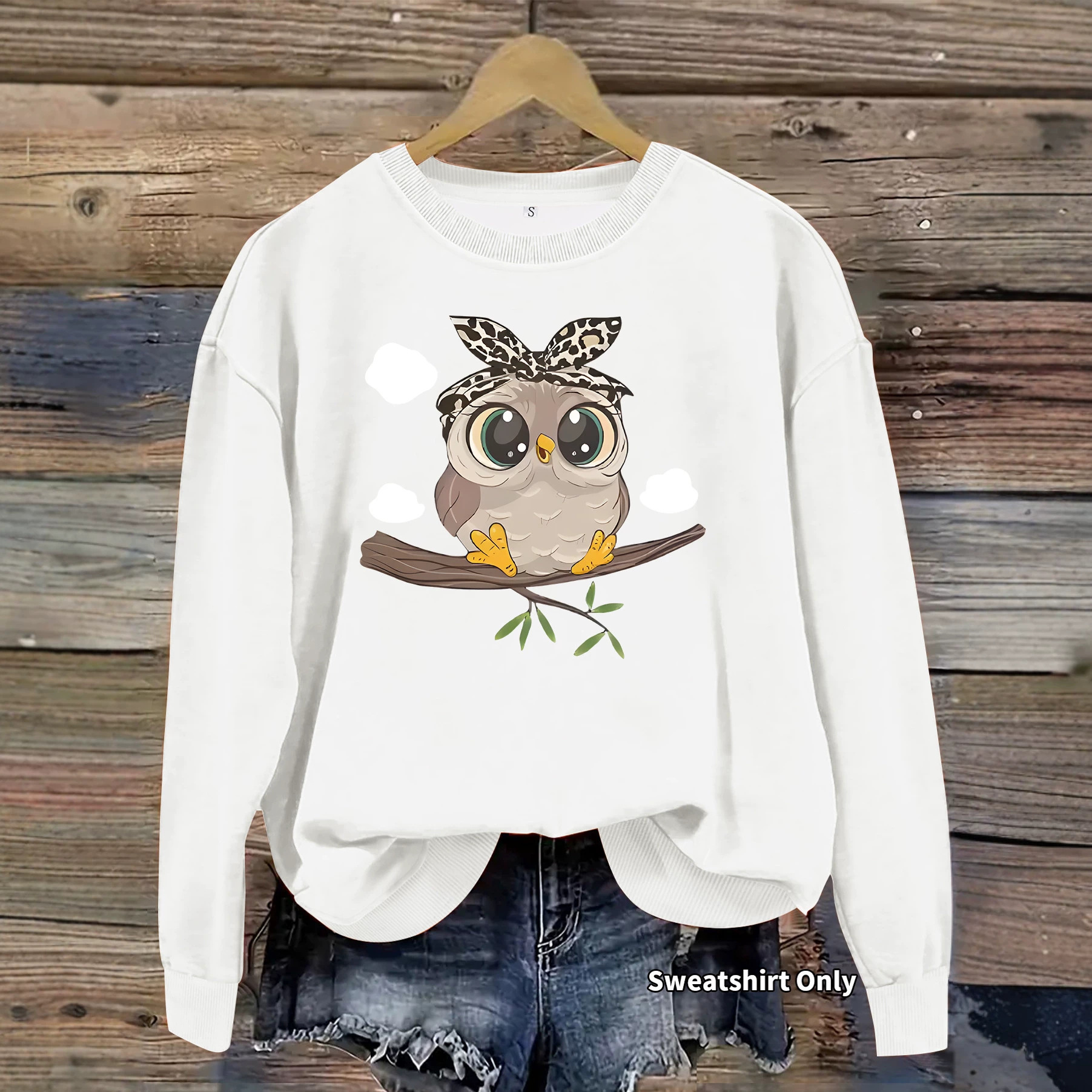 Owl white cloud print loose women's hoodie — image 4