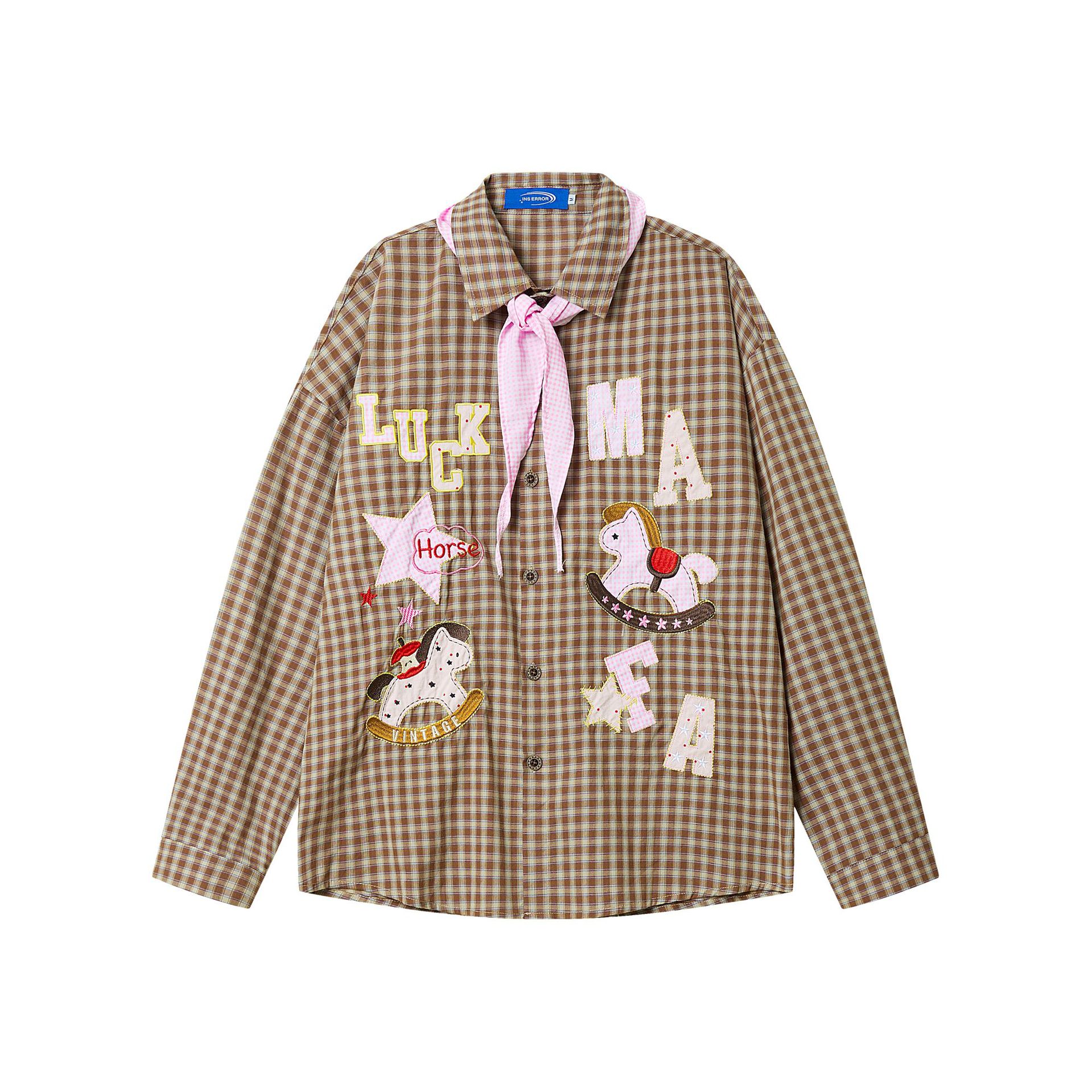 Long Sleeve Shirt Unisex Collar Scarf Tie Patchwork Embroidery Horse Motif Oversized Top — image 2