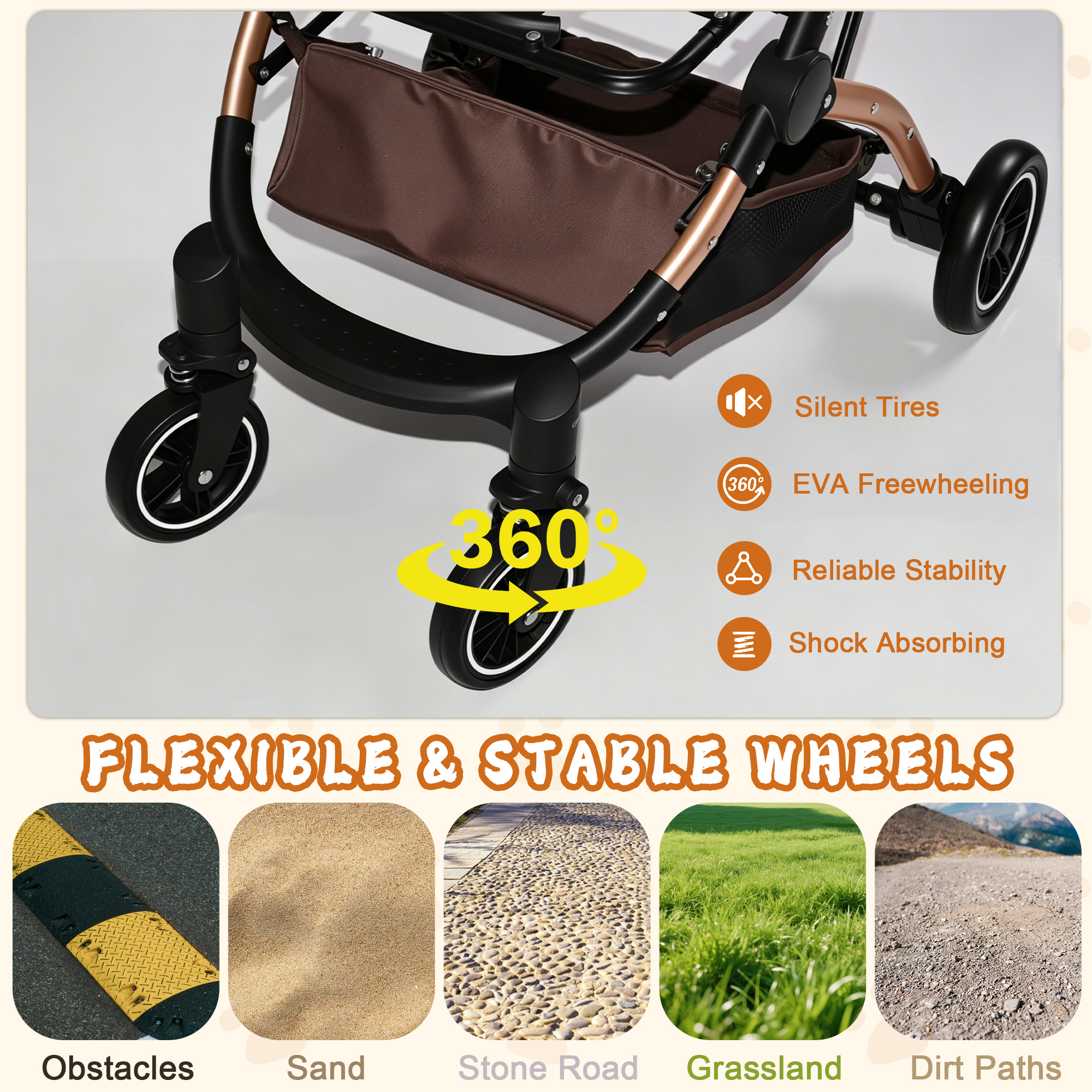 Muleta para Mascotas 2 en 1: Carruaje de 4 Ruedas Reversible con Canasta de Almacenamiento y Sombrilla Solar (Khaki + Oro) — imagen 6