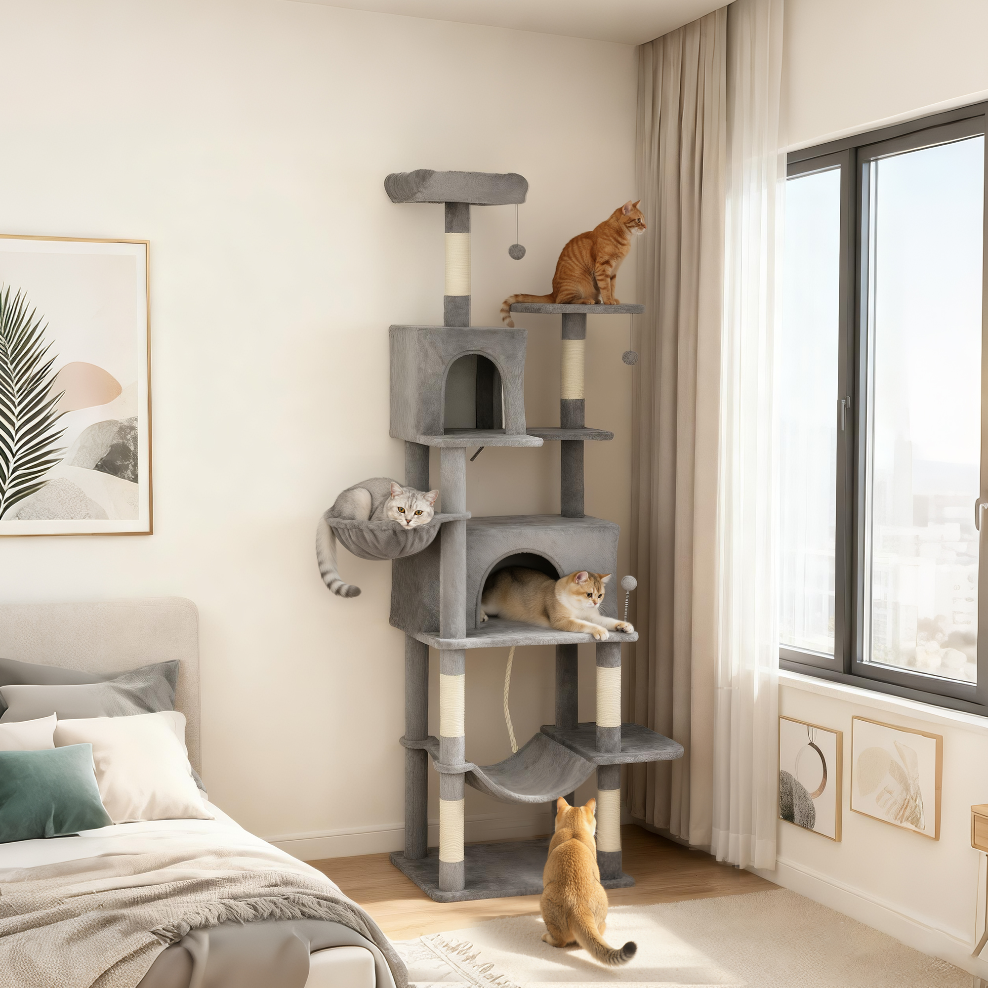 Torre para Gatos de Niveles Múltiples, 80" de Alto, con 2 Condominios, 2 Hamacas y 6 Postes de Escarbar de Sisal en Gris Oscuro — imagen 1