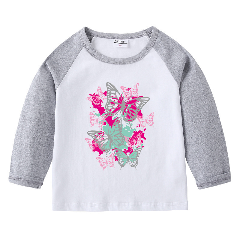 Butterfly children's pure cotton shoulder T-shirt with round neck and long sleeves — image 7