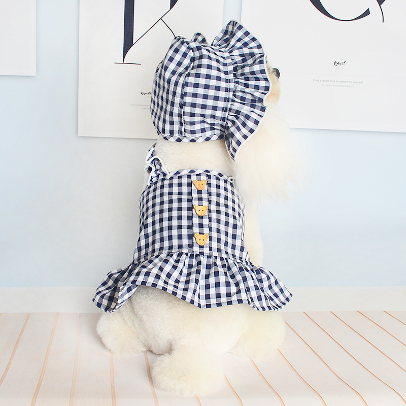 New Spring And Summer Pet Clothes Dog Even Clothes Thin Section Hooded Plaid Ins Pastoral Style Cat Two-Legged Clothes — image 2