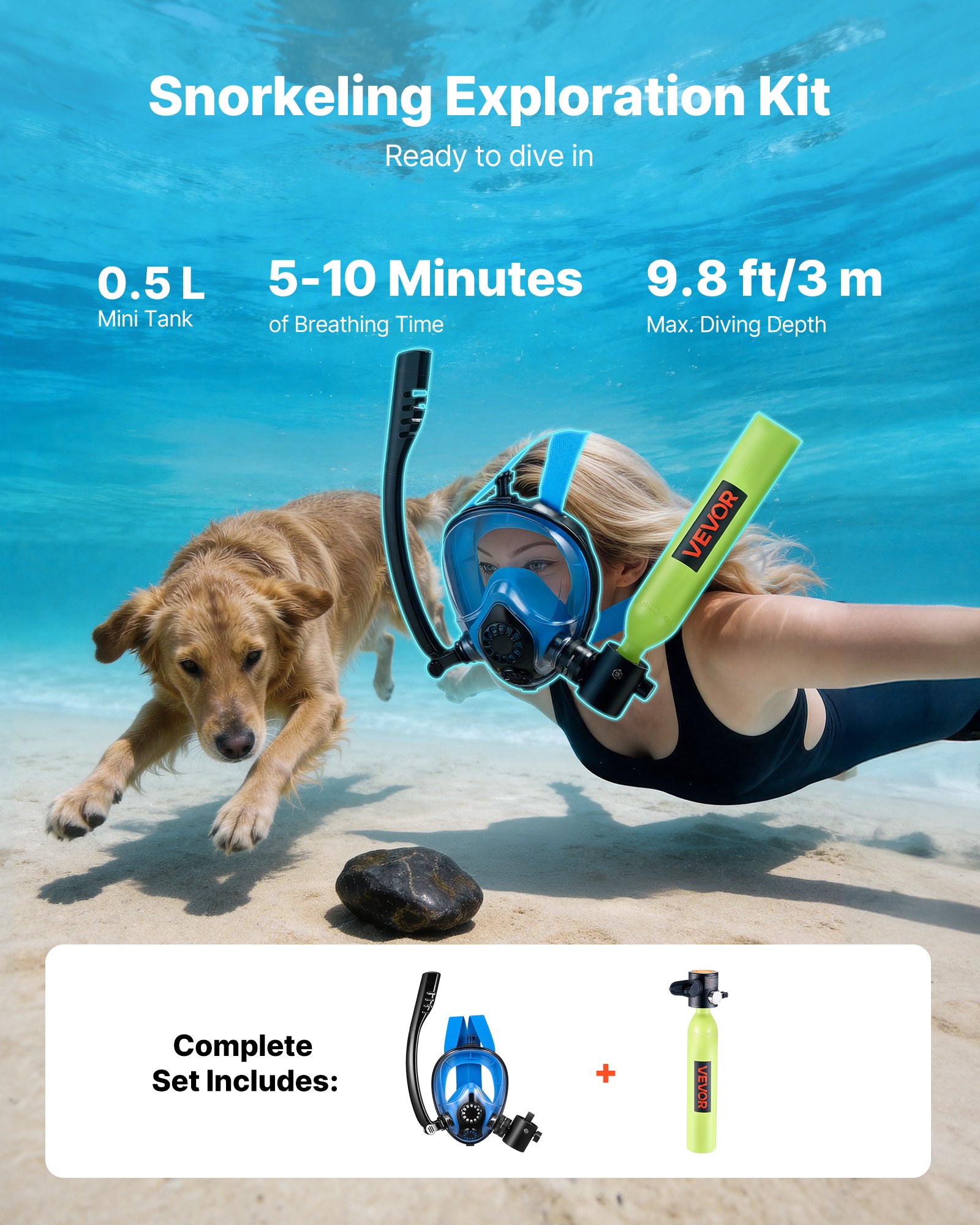 Tanque de buceo mini con máscara subacuática, 0,5L - Tanque portátil pequeño para respiración submarina, cilindro de respiración reutilizable hasta 10 minutos de tiempo de inmersión, botella pony de emergencia para snorkel — imagen 3
