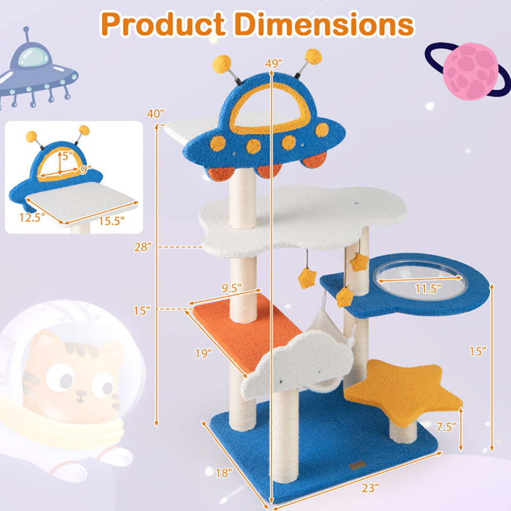 Rascador para Gatos Alto con Percha Superior en Forma de OVNI, Cápsula Espacial y Postes Rascadores de Sisal — imagen 4