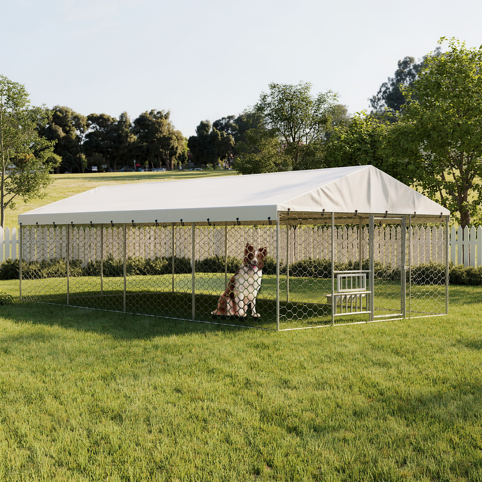 Large Outdoor Dog Kennel with Canopy, Heavy Duty Galvanized Steel Frame, Waterproof Cover, Built-in Elevated Feeding Bowls, Escape-Proof Lockable Pet Playpen for Large Dogs & Multiple Animal — image 1