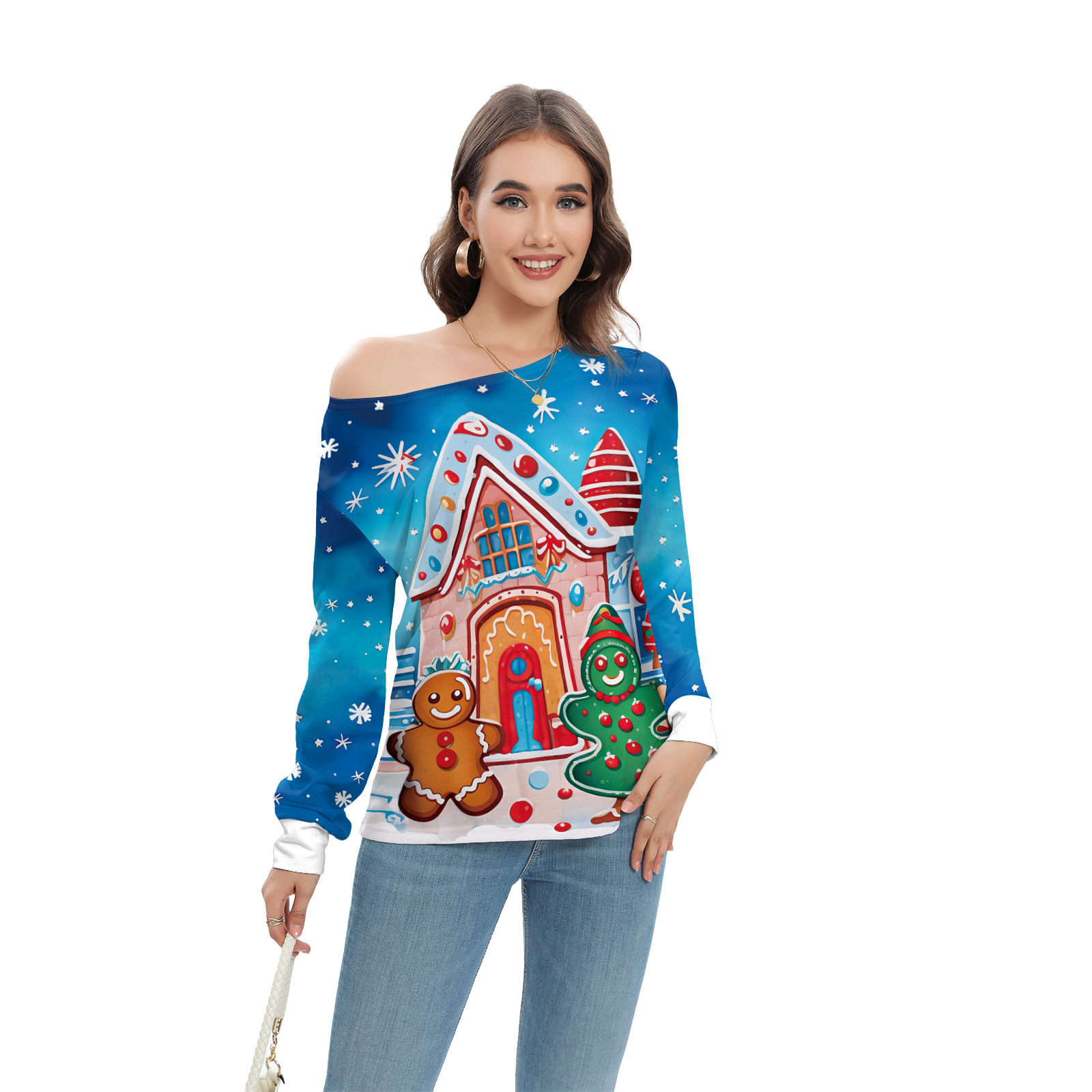 Top de mujer con hombros inclinados y mangas largas para Navidad con ciervo — imagen 1