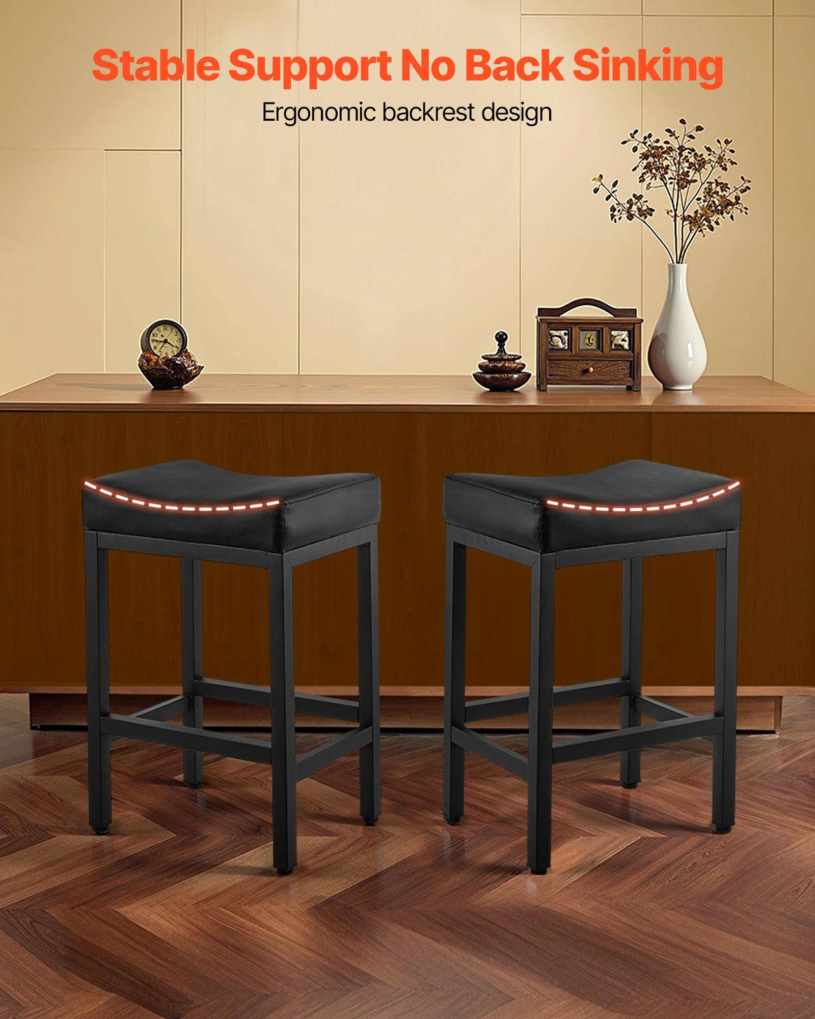 Bar Stool Set Of 2, PU Leather Counter Height Stools, 25 Inch Barstool With Saddle-Seat And Metal Legs, Easy Assembly Backless Bar Chair, Island Barstools For Kitchen, Dining Room, Cafe, Black — image 5