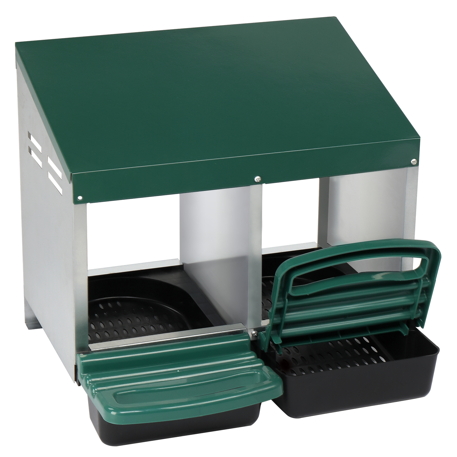 2 Compartments 54x52x47cm Pitched Roof House Iron-plastic Green Chicken Feeding Trough — image 3