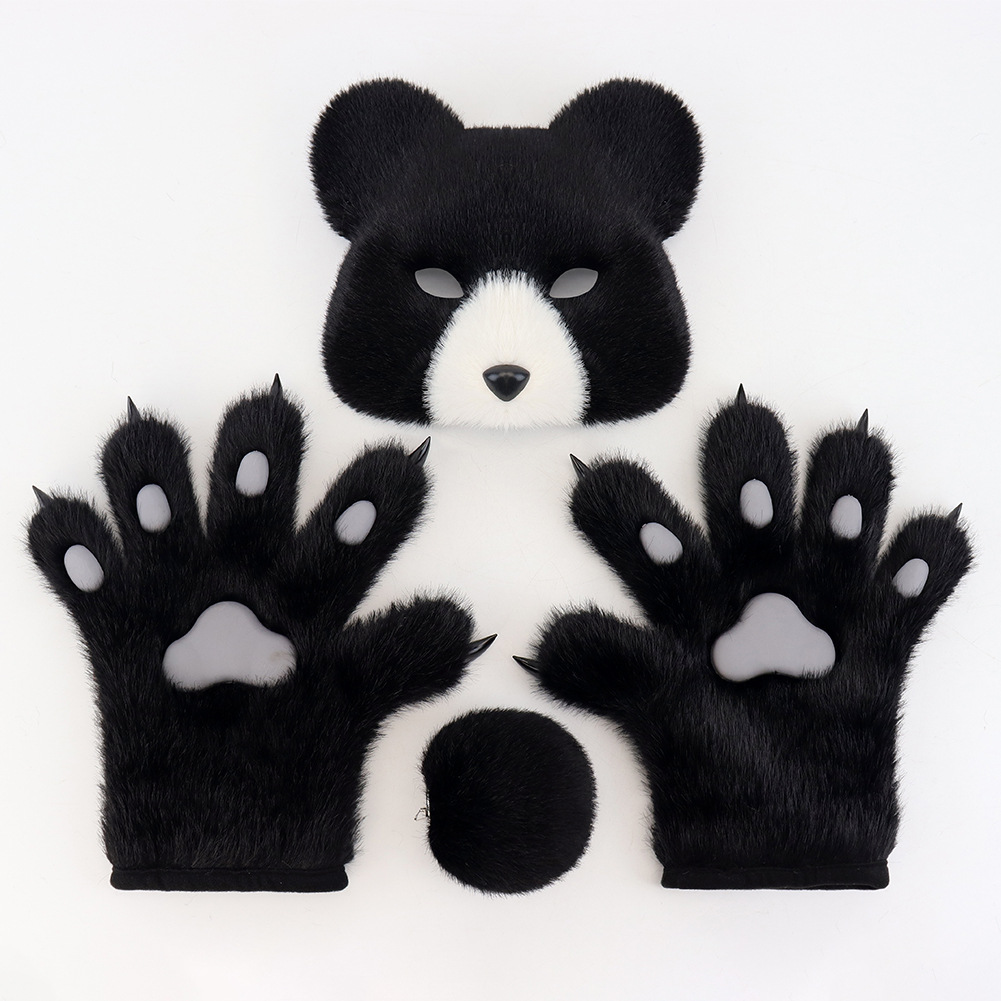Halloween Fuzzy Costume Set with Realistic Bear Mask and Handmade Bear Paw Gloves for Cosplay and Convention Props — image 1