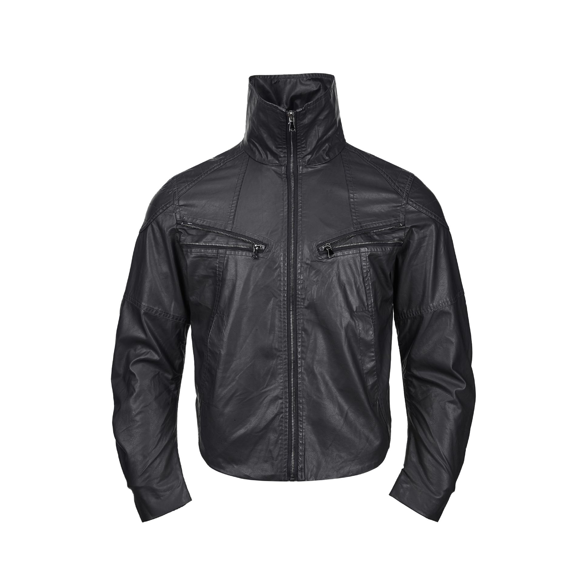 Deconstructed Stand Collar PU Leather Hunting Jacket — image 7