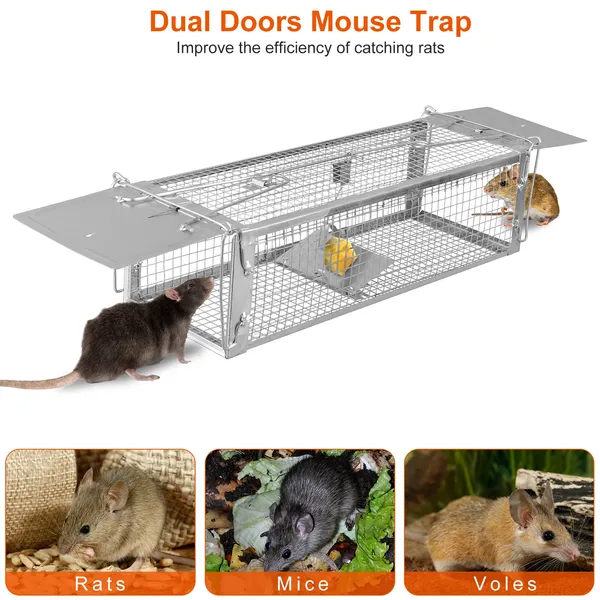 Dual Door Rat Trap Cage Humane Live Rodent Dense Mesh Trap Cage Zinc Electroplating Mice Mouse Control Bait Catch With 2 Detachable U Shaped Rod — imagen 5
