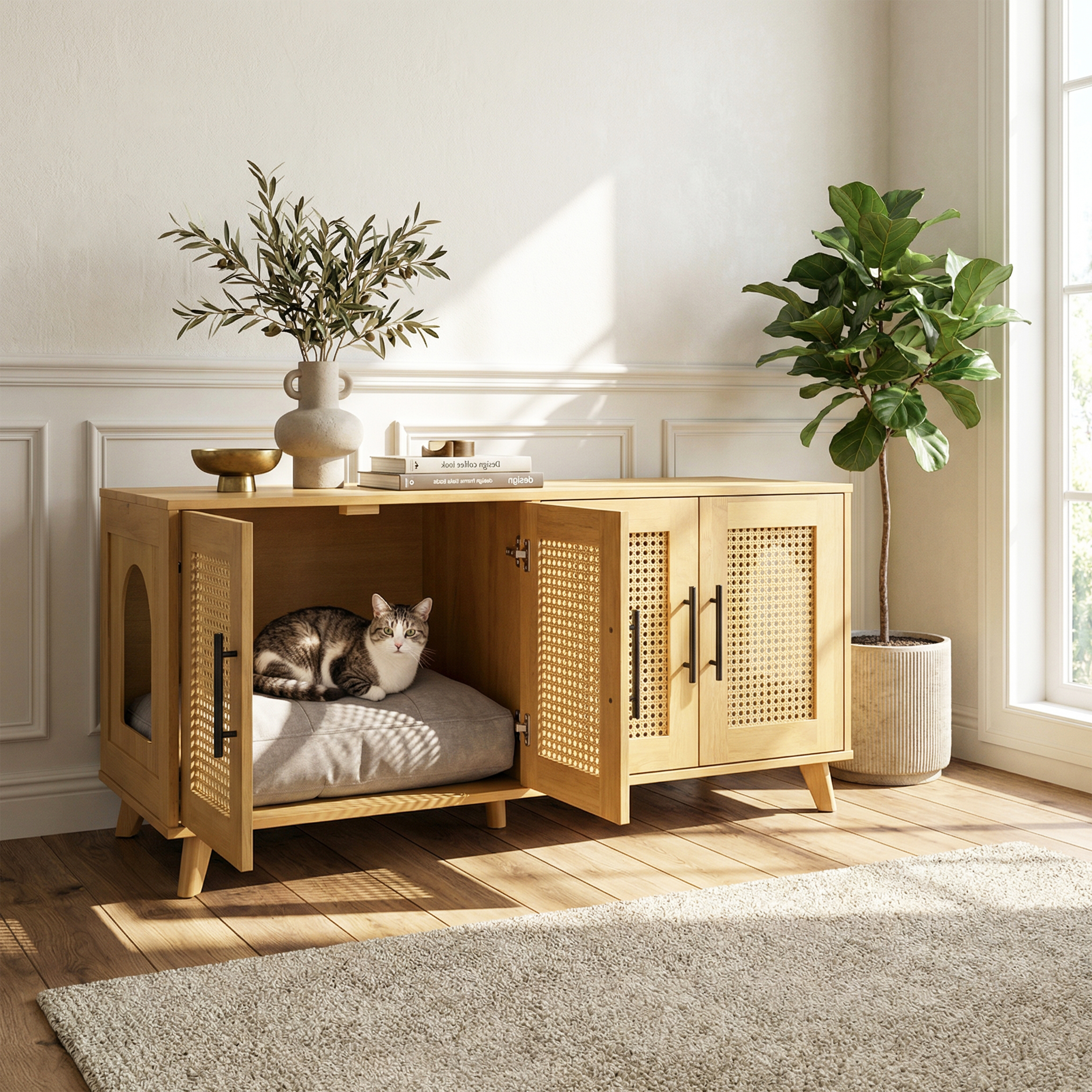 Gabinete de Interior Premium de Madera de Caucho Myra - Elegante Mobiliario Oculto para Gatos en Espacios Modernos — imagen 1