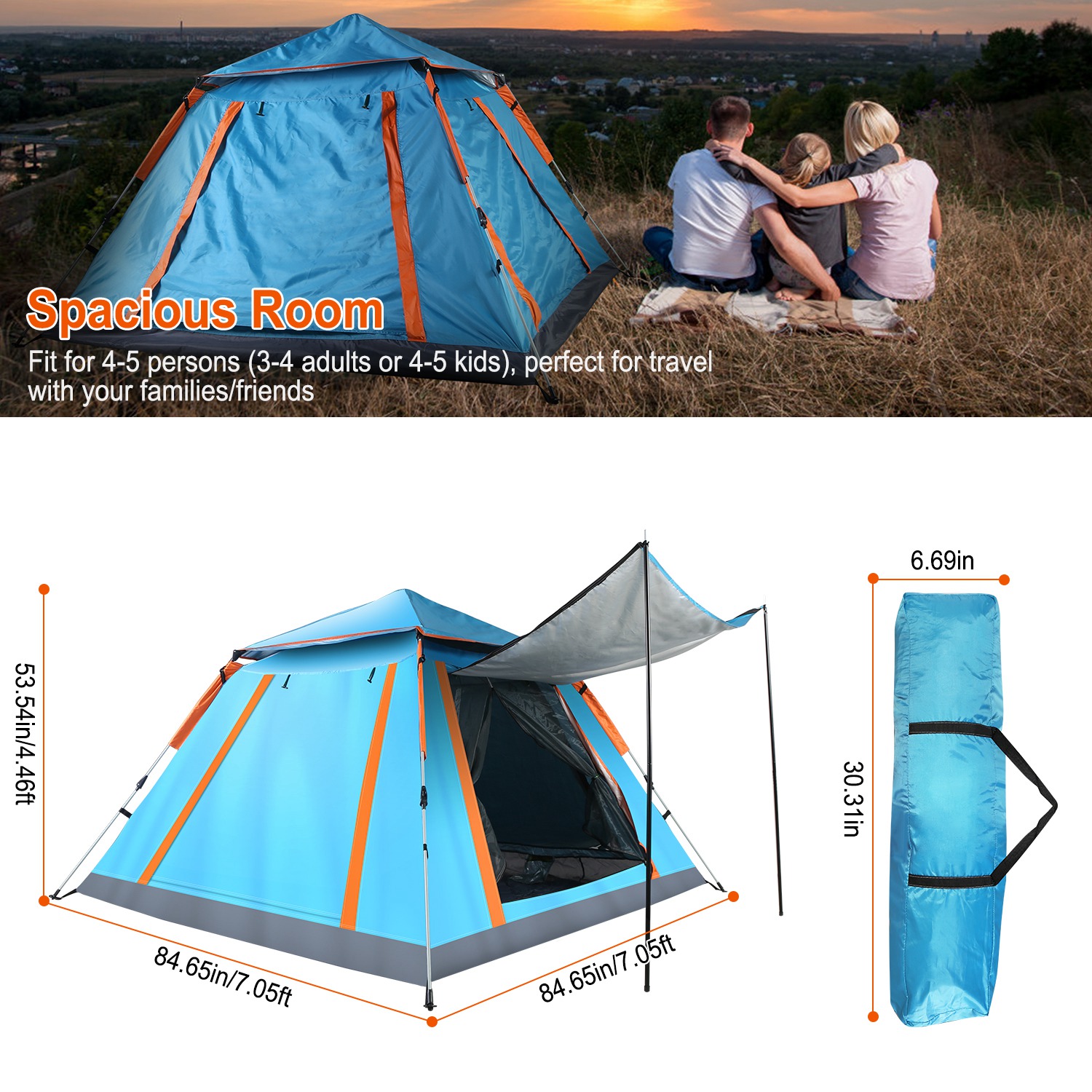 Tienda de Campaña para 4-5 Personas con 2 Mosquiteros en las Ventanas, Bolsa de Transporte, Impermeable, 7.05x7.05x4.46ft, para Senderismo, Escalada, Aventura y Pesca, Envío por FedEx — imagen 6