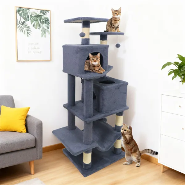 57" Multi-Level Cat Tree For Multi-Cat Households, 2 Condos & Hammock With Sisal Scratching Posts-Gray — image 4