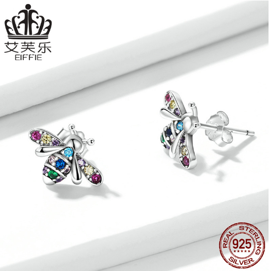 Earrings de moda originales EIFFIE en plata esterlina 925 con abeja colorida, zirconio y oxidación - BSE559 — imagen 2