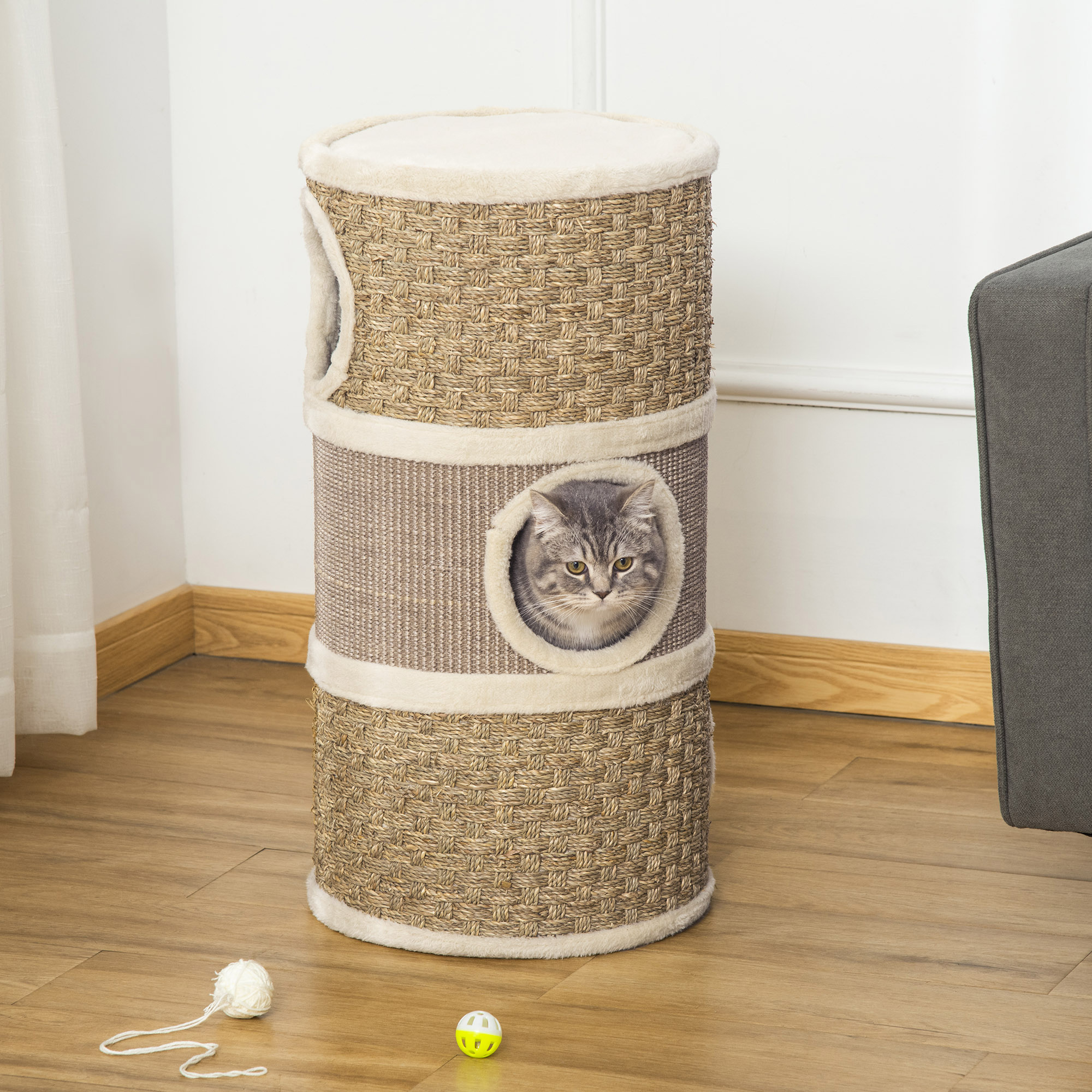 Condominio para Gatos, Escondite de 3 Pisos para Gatos con Almohadilla Rascadora de Sisal — imagen 2