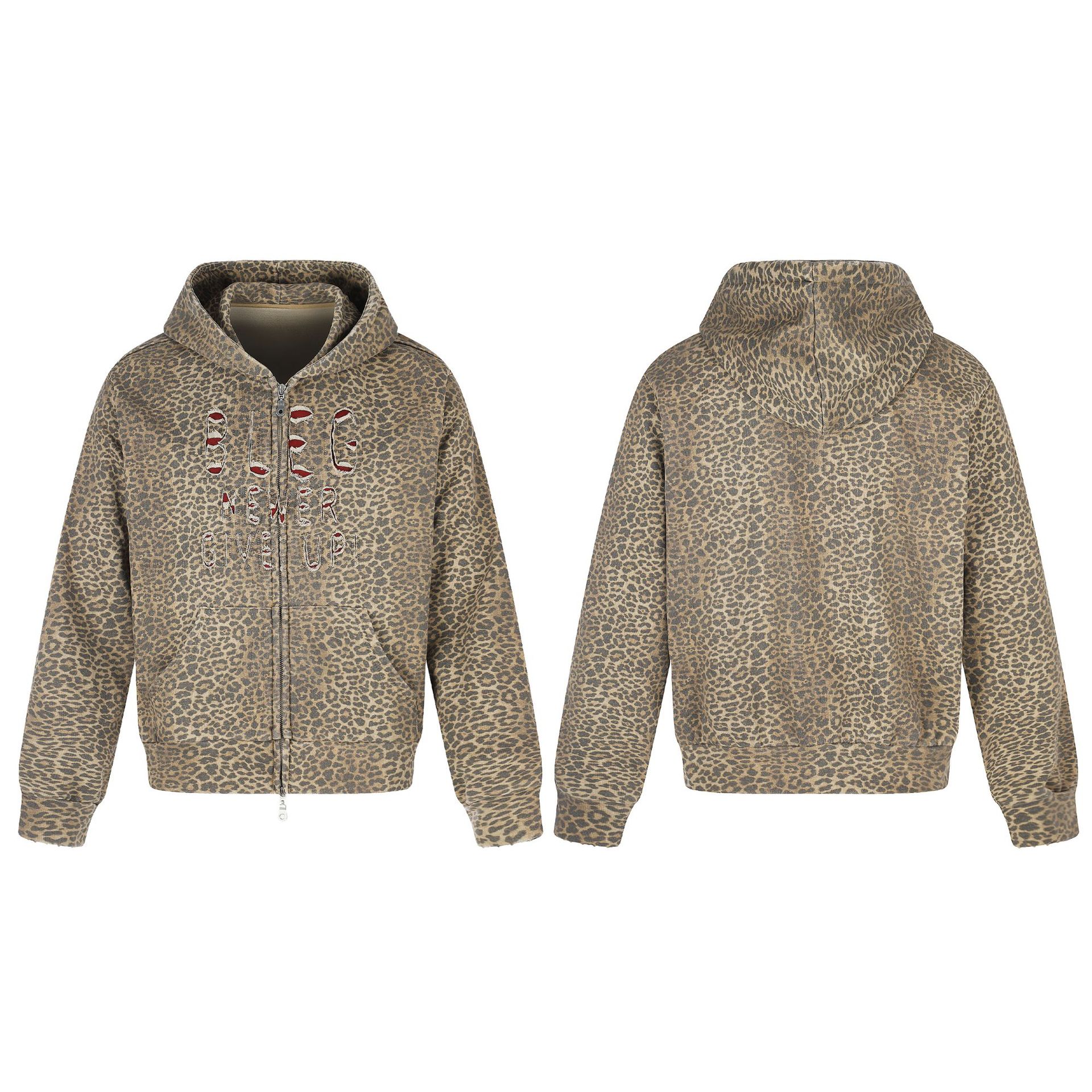 All-Over Print Leopard Letter Hooded Washed Distressed Loose Fit Cropped Streetwear Hoodie — image 5