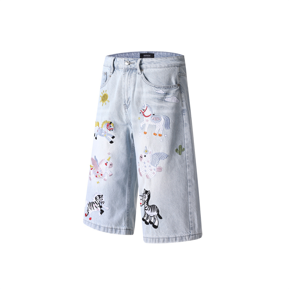 Cartoon horse embroidery light colored washed denim shorts — image 6
