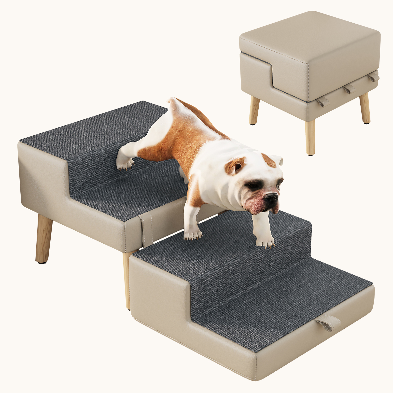 4-Step Ottoman Dog Stairs, 2-in-1 Foldable Pet Ramp for Bed, Dog Ramp for Small Puppy and Cats, Sturdy Wood Frame Support with Non-slip walking surface, Holds Up To 220lbs ( Light Grey Color ) — image 19