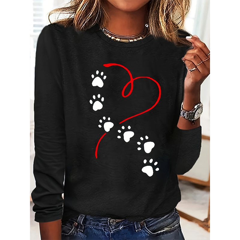 Camiseta de Mujer con Gráficos de Corazón y Huellas de Perro: Top Cozy para Primavera y Otoño — imagen 1