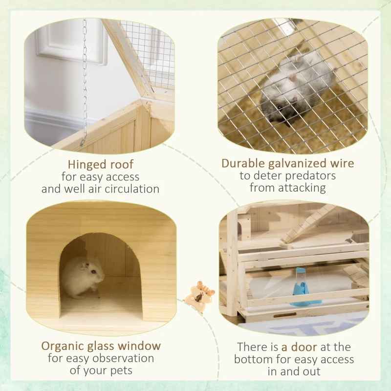 Wooden Large Hamster Cage Small Animal Exercise Play House 3 Tier With Tray, Seesaws, Water Bottle, Activity Center, Natural — image 3