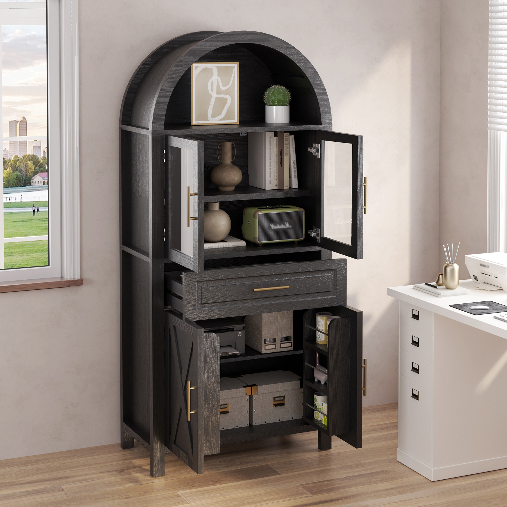 Cajón de Almacenamiento de Cocina con Puerta de Vidrio y Diseño de Estilo Rural de 71" de Alto, con Estanterías Ajustables y Acceso por Puerta de Granja para Salón, Comedor y Cocina, Negro — imagen 5
