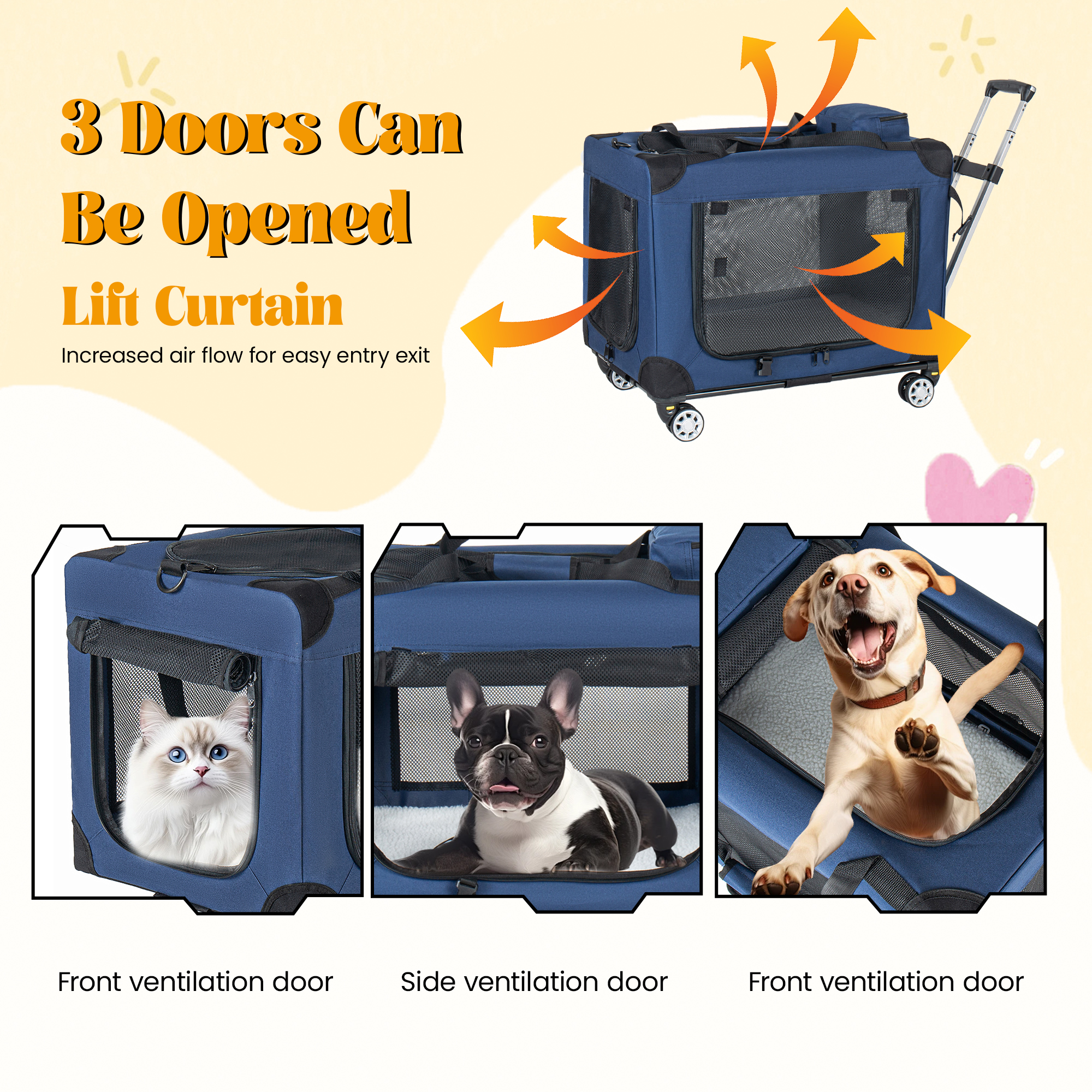 2 en 1, Jaula de Viaje Plegable de 28 Pulgadas para Perros Medianos y Grandes, Transportadora Rodante con Ruedas, Casa Portátil Plegable de 3 Puertas con Ventanas de Malla, Uso en Interior y Exterior, Azul Oscuro — imagen 2