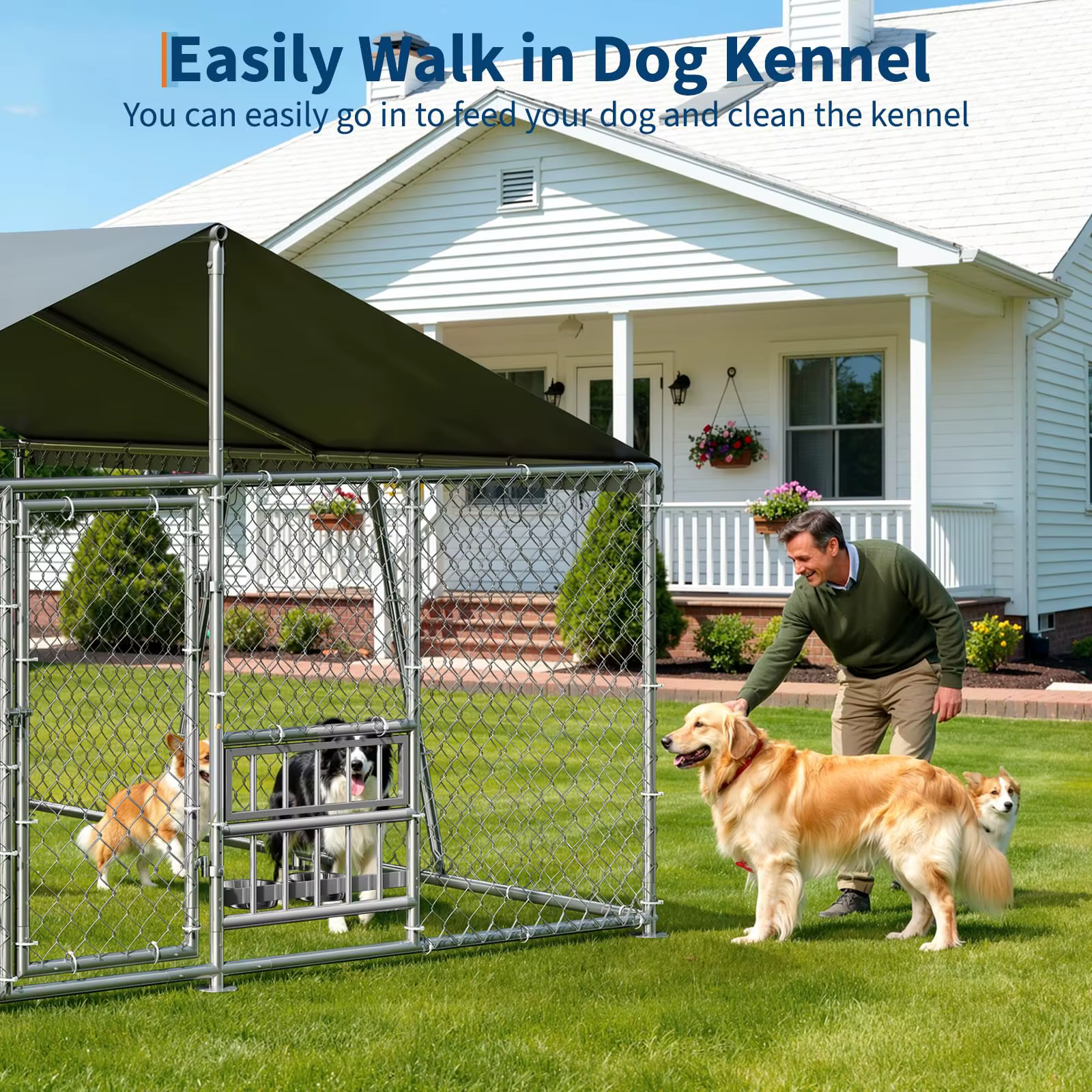 Outside Dog Enclosure With PE Waterproof Roof, 360° Feeding Door, Heavy Duty Lockable Galvanized Kennel — image 6